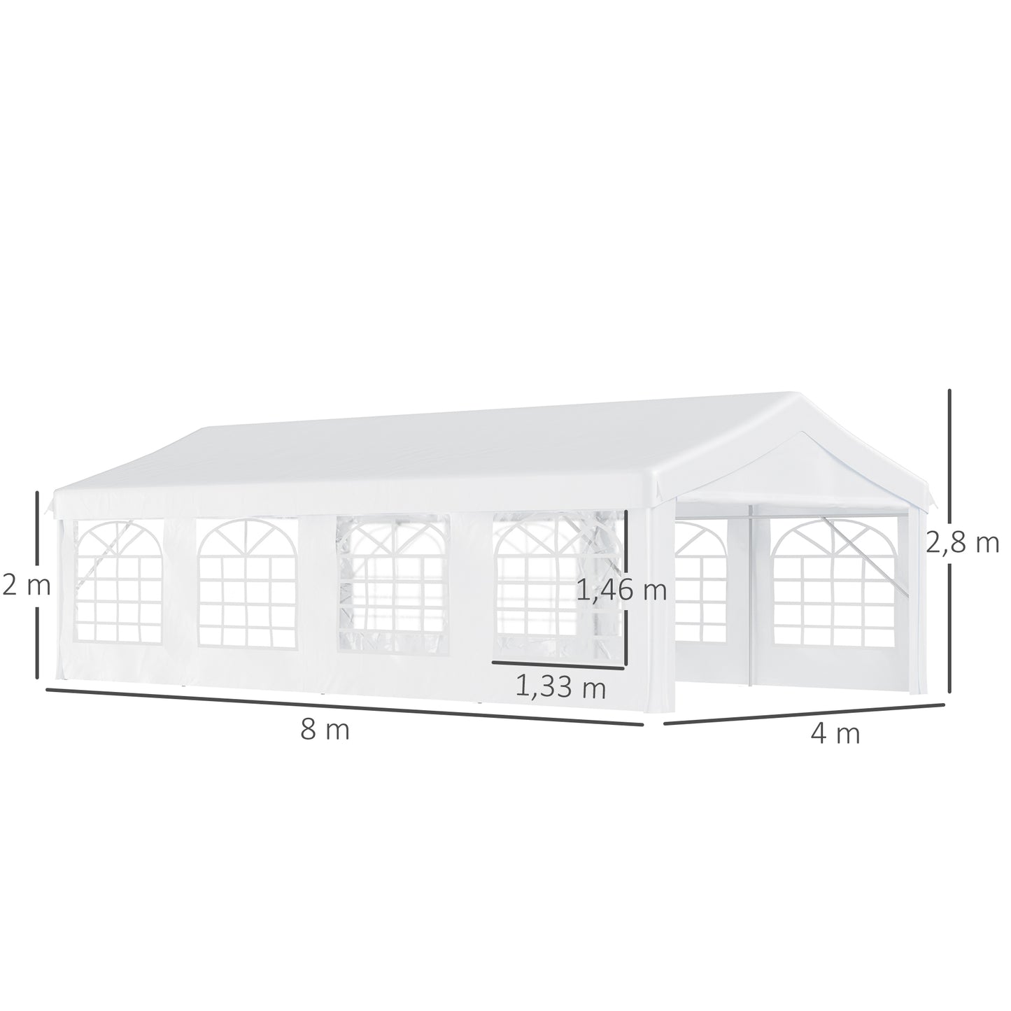 Outsunny Carpa para Fiestas 8x4 m Cenador de Jardín con 4 Paneles Laterales y 8 Ventanas Anti-UV Pabellón Pérgola Cochera Gazebo para Eventos Bodas Blanco