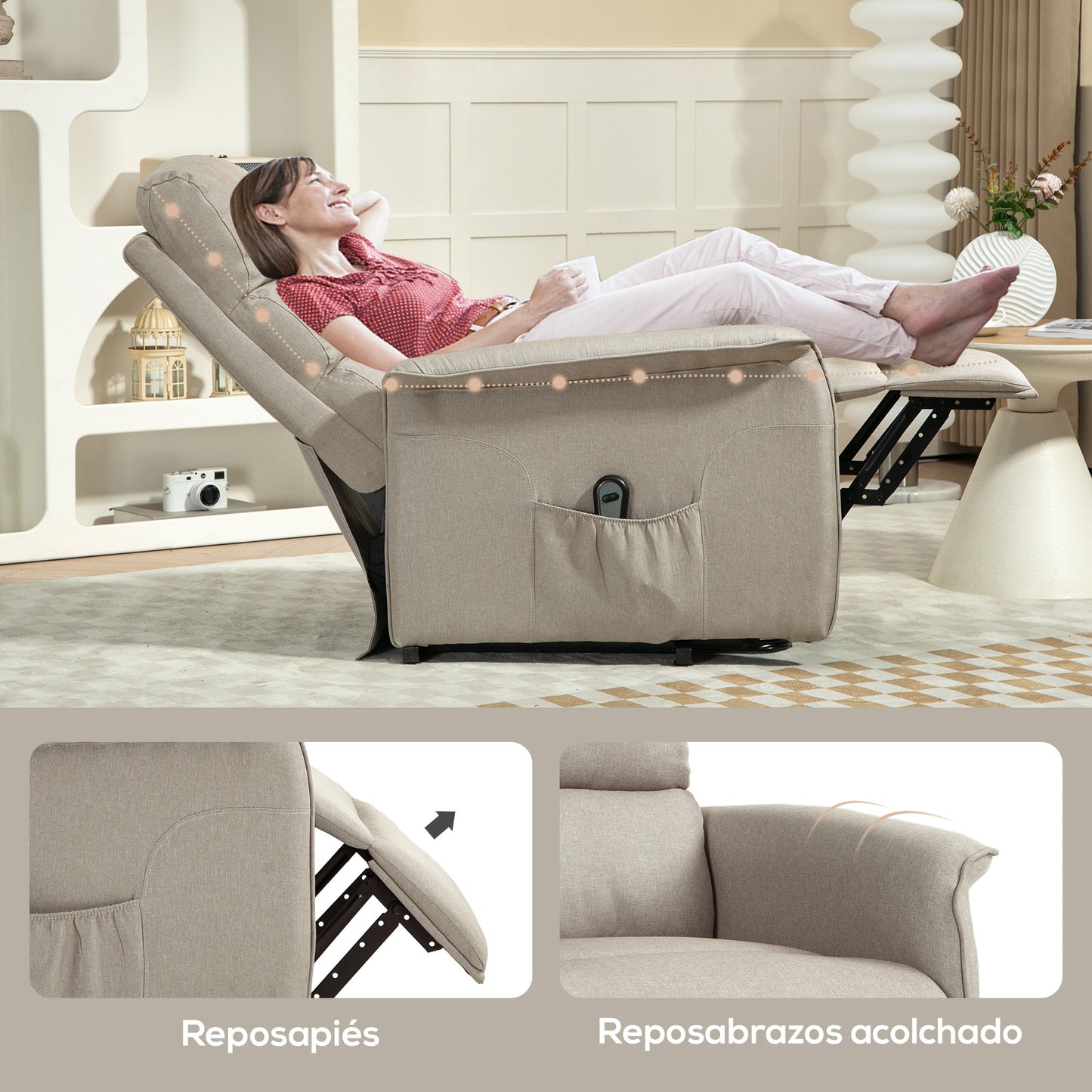 HOMCOM Sillón Relax Reclinable Eléctrico Sillón Levanta Personas con Mando a Distancia y Bolsillo Lateral Sillón Elevador para Salón Dormitorio Beige