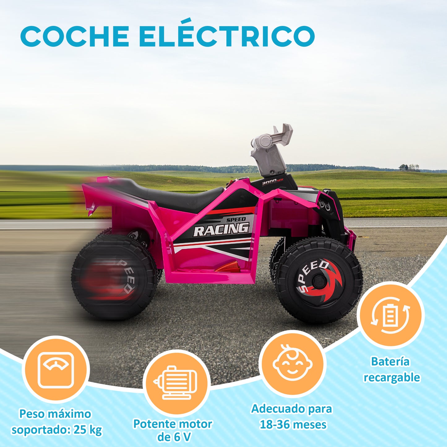 HOMCOM Quad Eléctrico para Niños de 18-36 Meses Vehículo Eléctrico a Batería 6V con Avance y Retroceso Velocidad de 2,5 km/h 70x41,5x48,5 cm Rosa