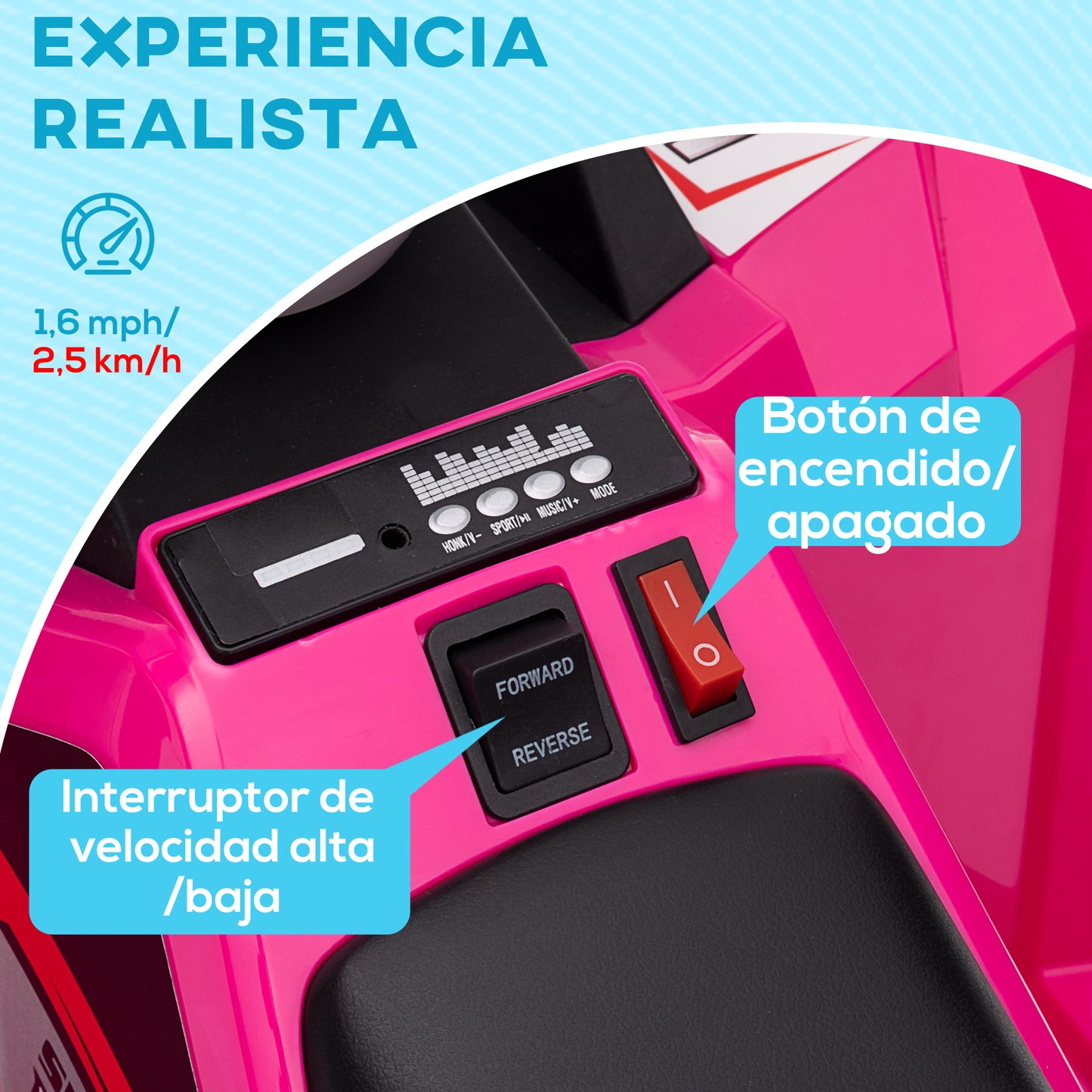 HOMCOM Quad Eléctrico para Niños de 18-36 Meses Vehículo Eléctrico a Batería 6V con Avance y Retroceso Velocidad de 2,5 km/h 70x41,5x48,5 cm Rosa