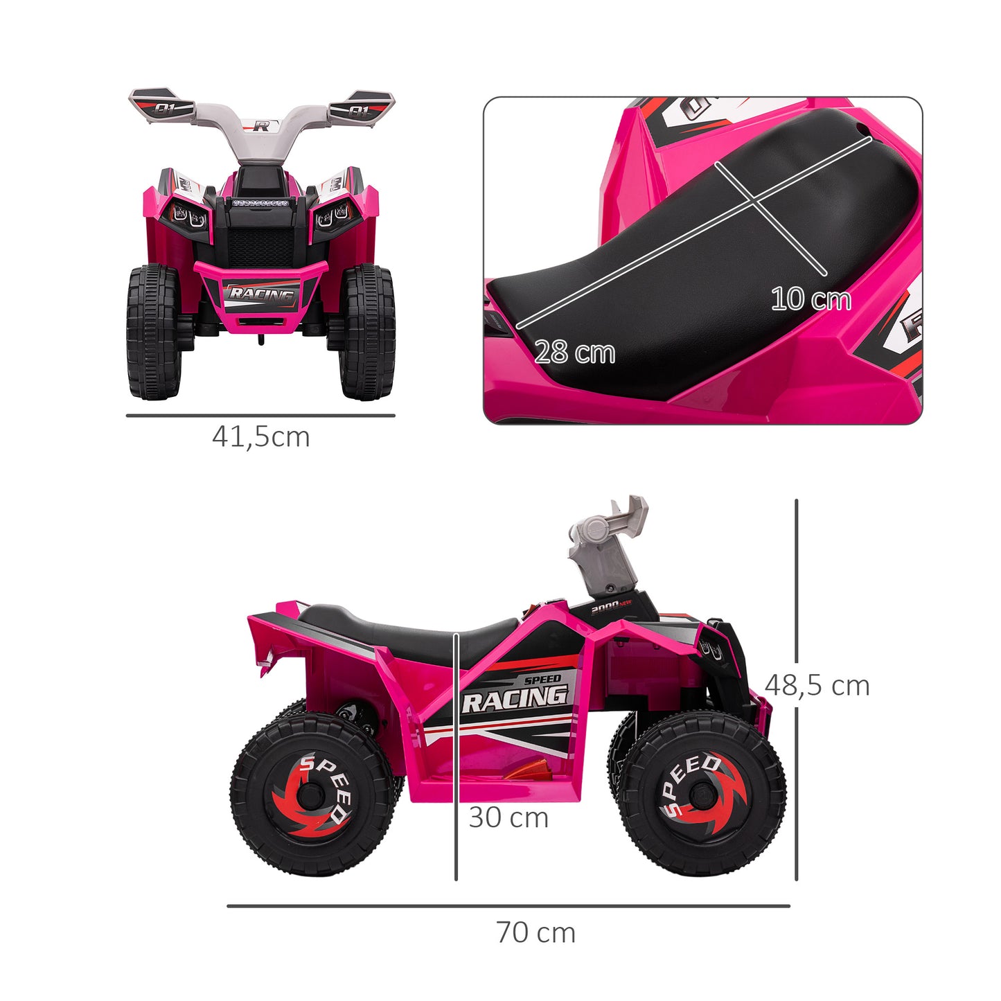 HOMCOM Quad Eléctrico para Niños de 18-36 Meses Vehículo Eléctrico a Batería 6V con Avance y Retroceso Velocidad de 2,5 km/h 70x41,5x48,5 cm Rosa