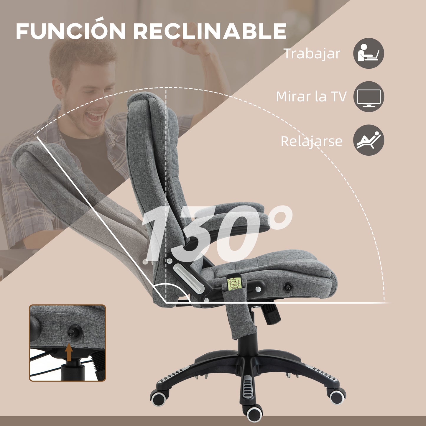 Vinsetto Silla de Masaje con 6 Puntos de Masaje Silla de Escritorio Reclinable hasta 130° con Función de Calefacción Altura Ajustable y Ruedas para Estudio 68x72x110-120 cm Gris