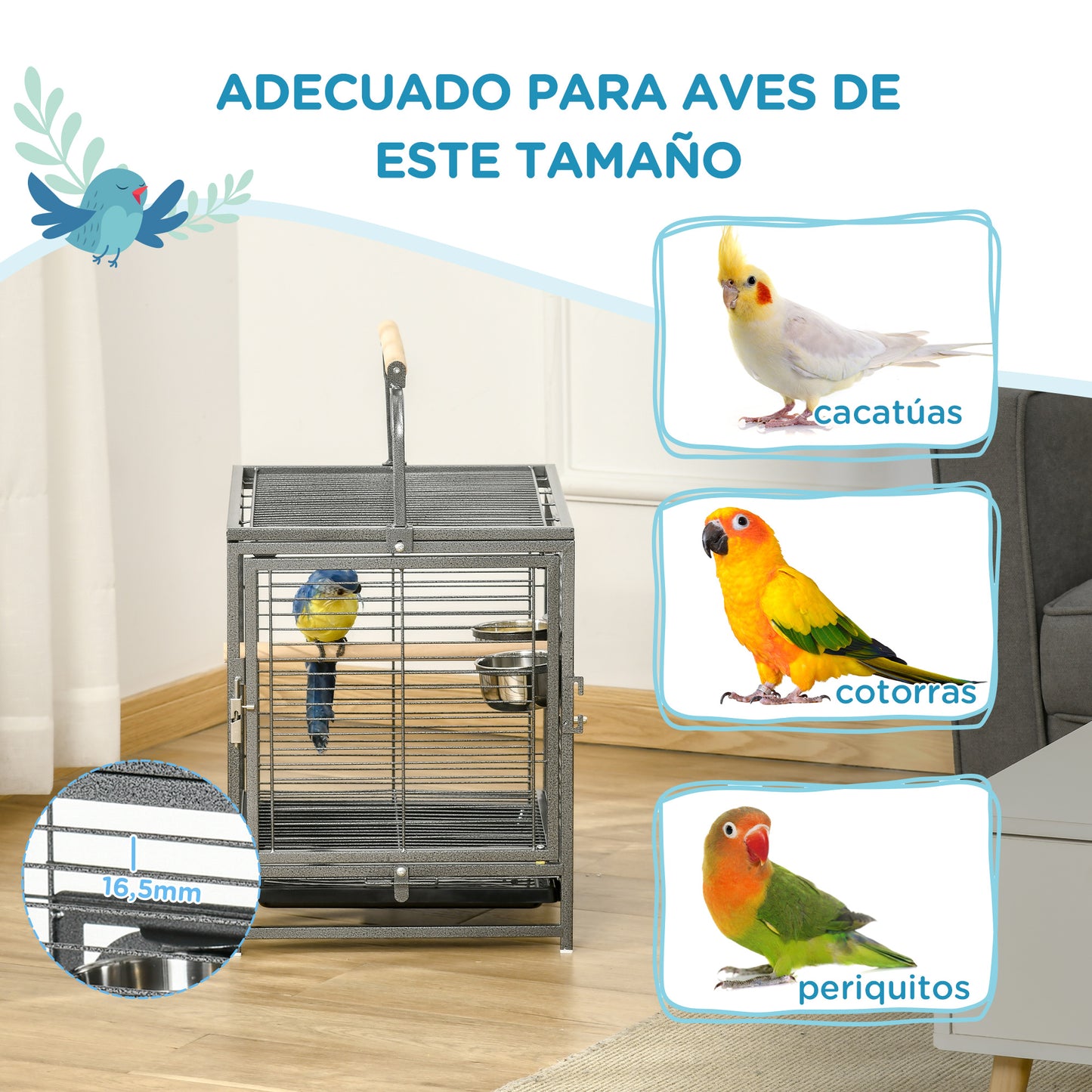 PawHut Jaula para Pájaros Portátil Jaula para Agapornis con 2 Perchas de Madera 2 Comederos de Acero Inoxidable y Bandeja Extraíble para Periquitos Canarios 48x38x47,8 cm Negro