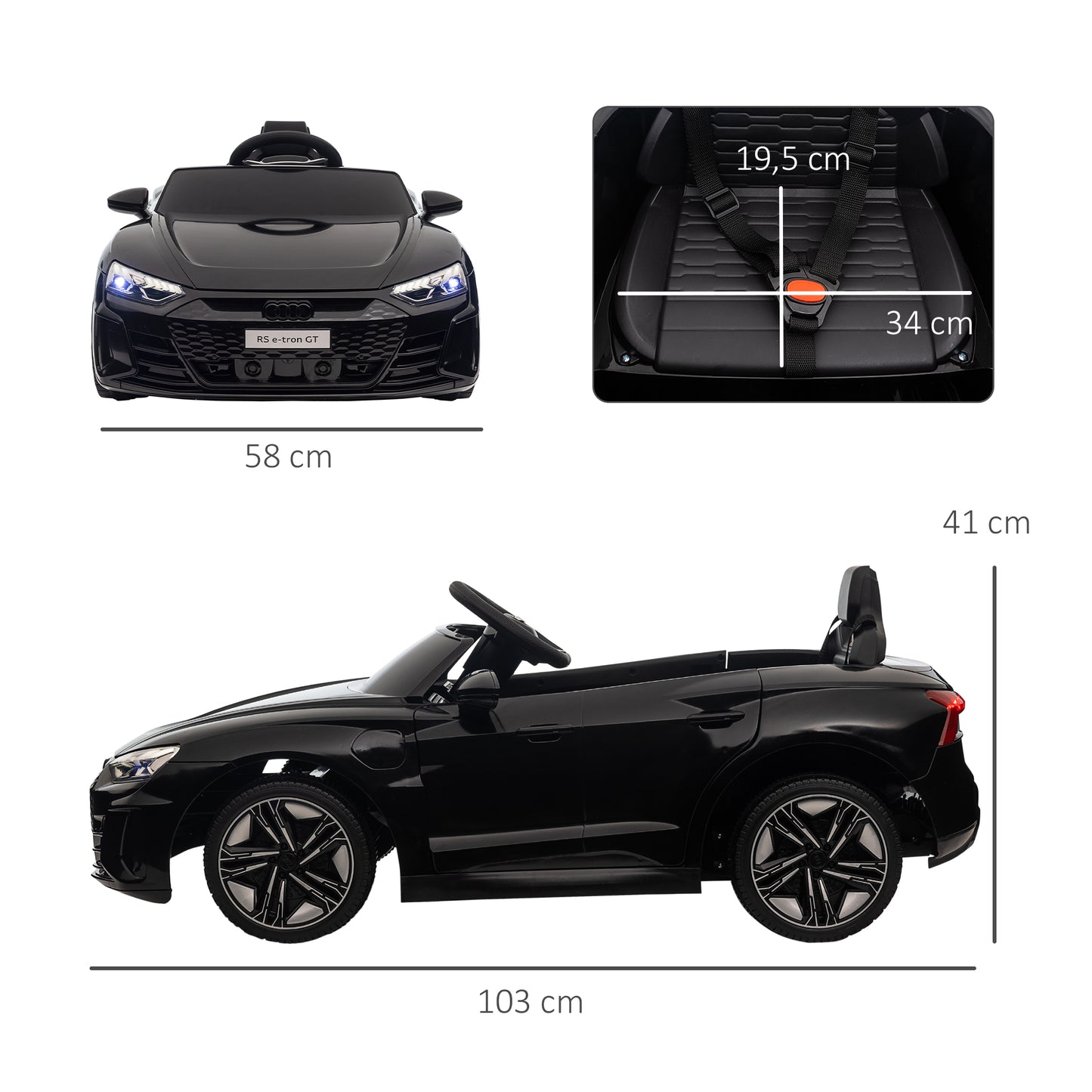 HOMCOM Coche Eléctrico para Niños de +3 Años AUDI RS e-tron GT Coche de Batería 12V con Mando a Distancia Faros LED Bocina Música USB y Apertura de Puerta 3-5 km/h Negro