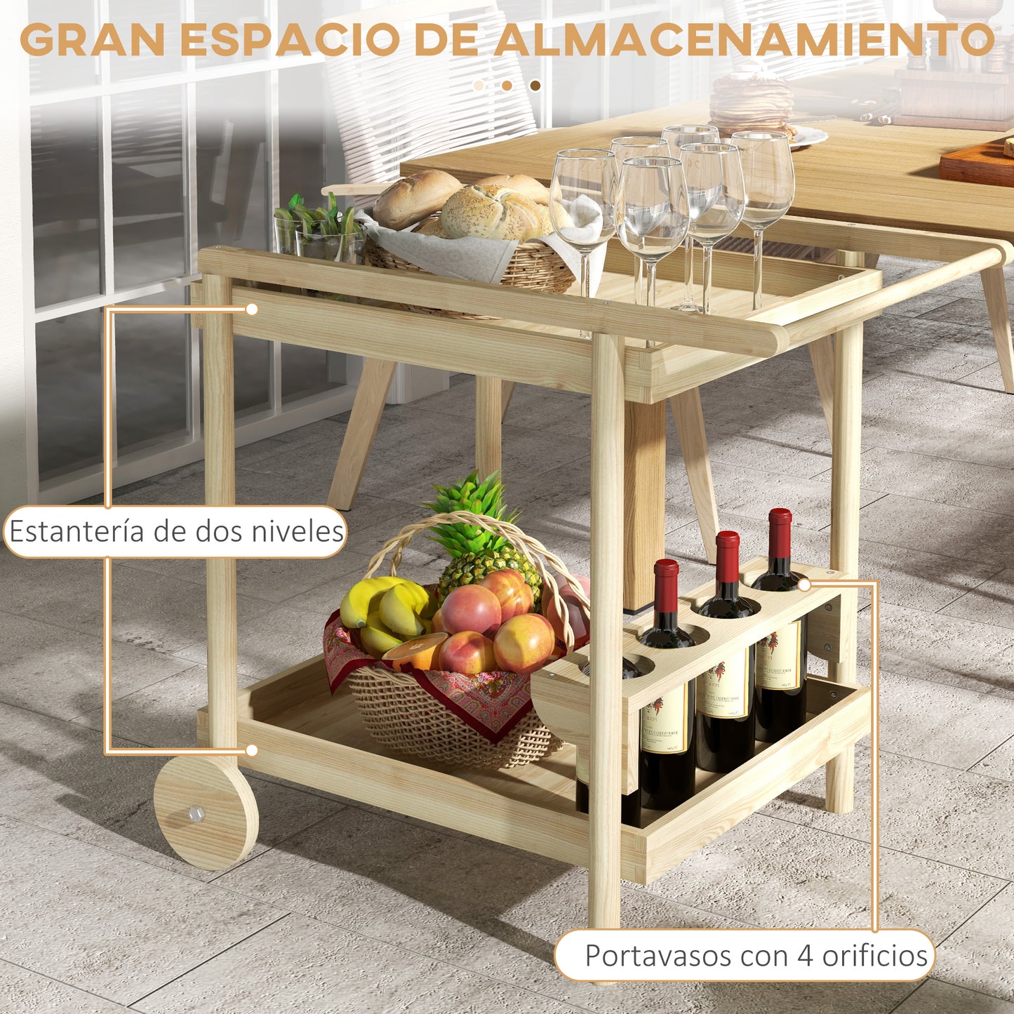 Outsunny Camarera con Ruedas de Madera Carro de Servicio con 2 Estantes 4 Portavasos y Mango para Jardín Terraza Patio 78x58,5x75 cm Natural