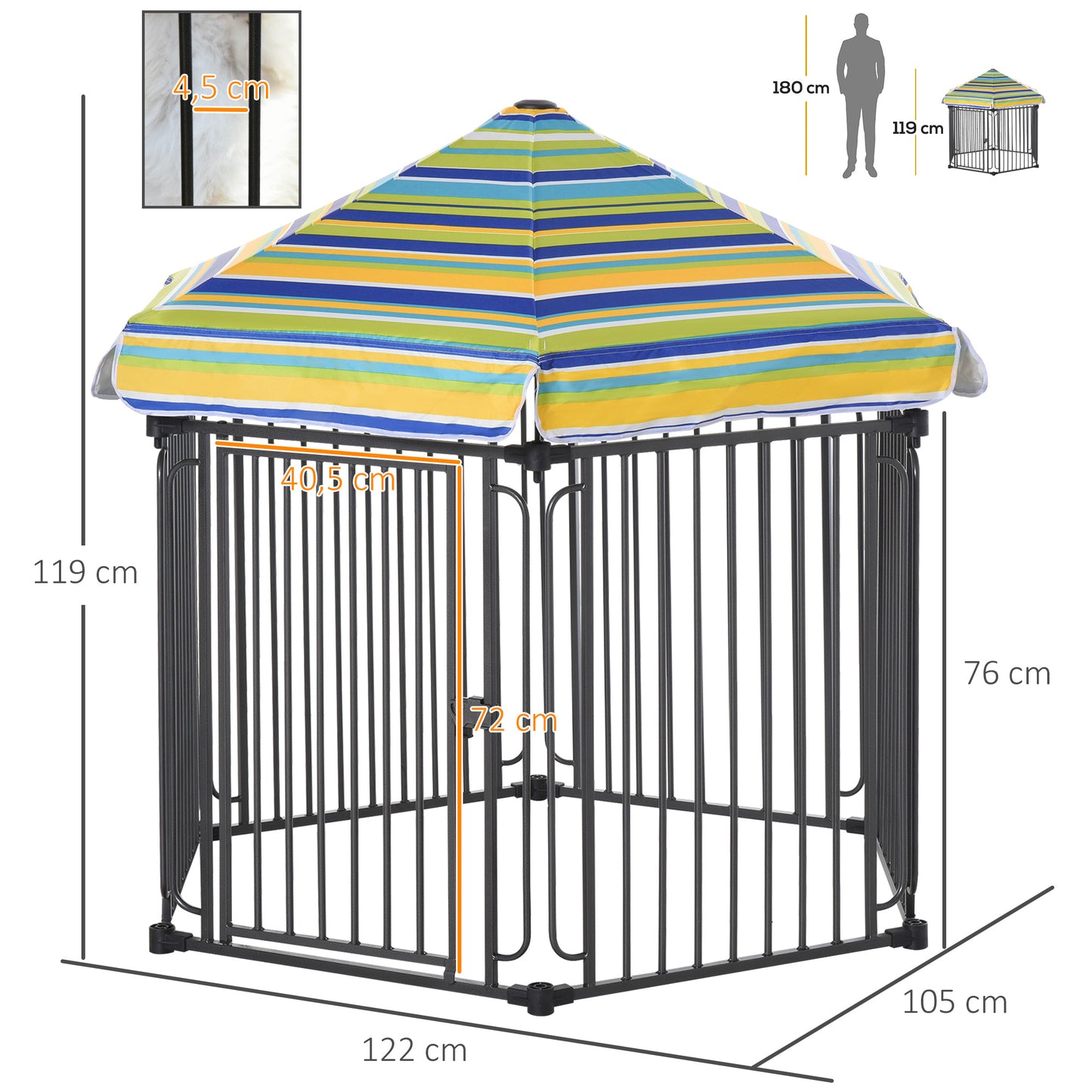 PawHut Parque para Perros 6 Vallas de Metal 61x76 cm Corrales Desmontables para Perros con Techo Hexagonal y Puerta con Cierre de Seguridad 122x105x119 cm Negro y Colorido