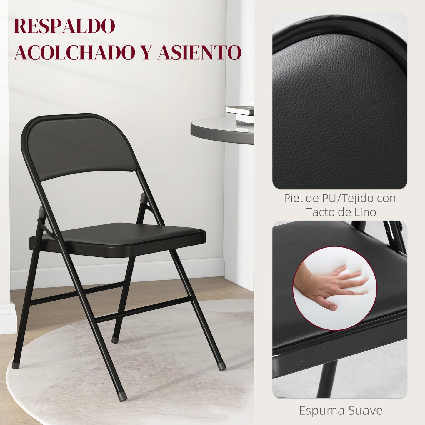 HOMCOM Juego de 2 Sillas Plegables Sillas Abatibles con Respaldo y Estructura de Acero para Salón Oficina Estudio 45x46x78 cm Negro