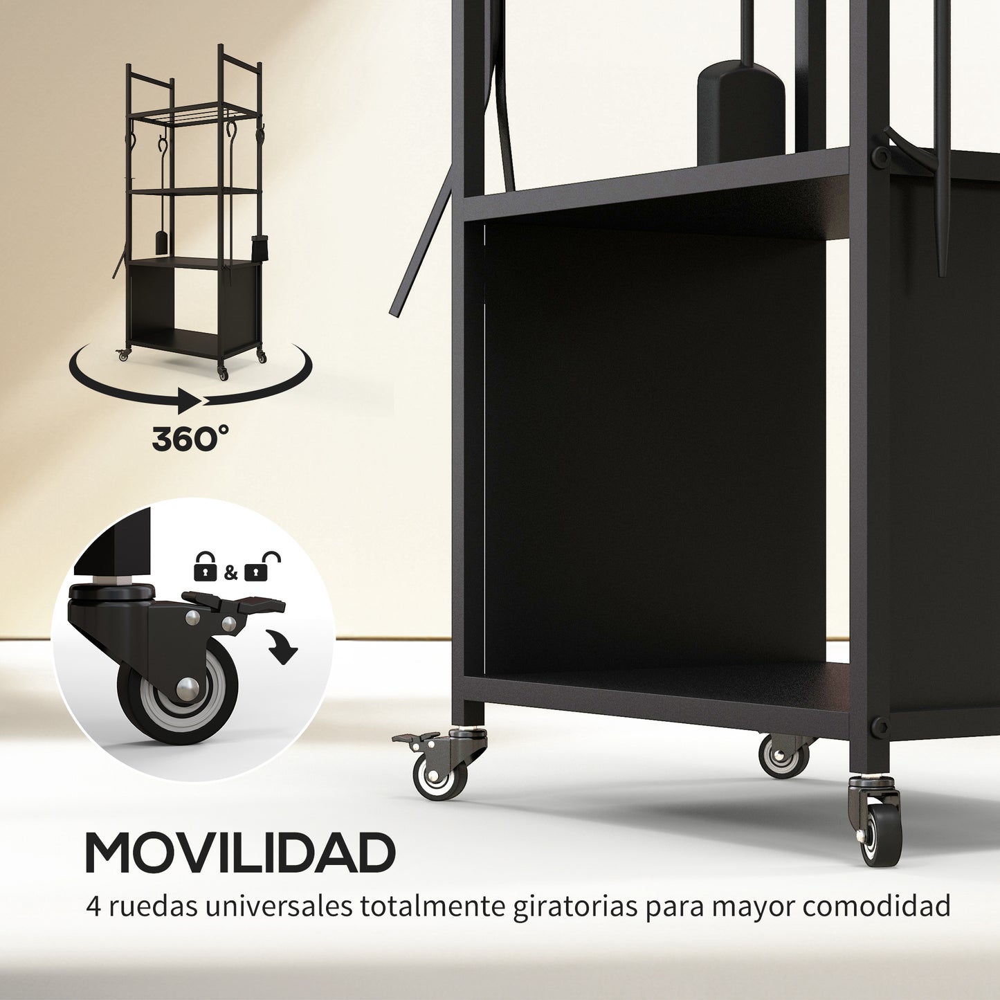 Outsunny Leñero con Ruedas Soporte para Leña de 4 Niveles Estante de Leña con Pala Atizador Cepillo Tenazas para Interior y Exterior 45x30x118 cm Negro