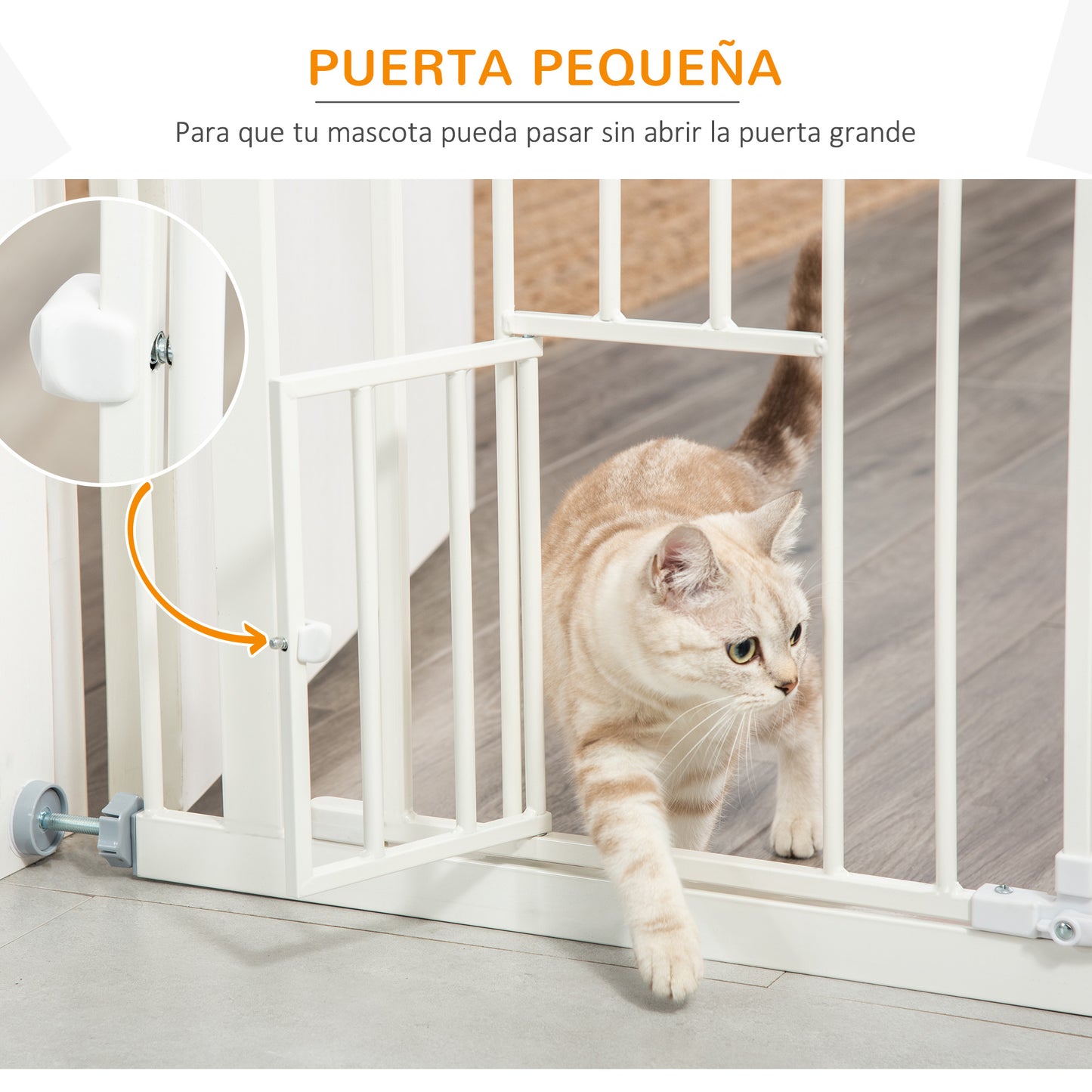 PawHut Barrera de Seguridad para Perros Barrera para Mascotas Extensible con Puerta Pequeño Cierre Automático y Sistema de Doble Bloqueo para Puerta Pasillo Escalera 74-80x91,4 cm Blanco