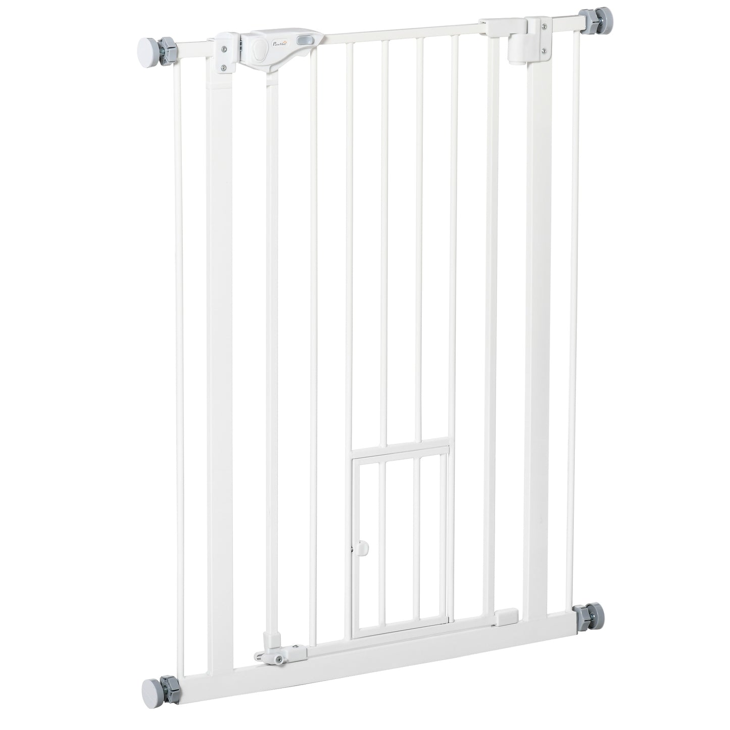 PawHut Barrera de Seguridad para Perros Barrera para Mascotas Extensible con Puerta Pequeño Cierre Automático y Sistema de Doble Bloqueo para Puerta Pasillo Escalera 74-80x91,4 cm Blanco