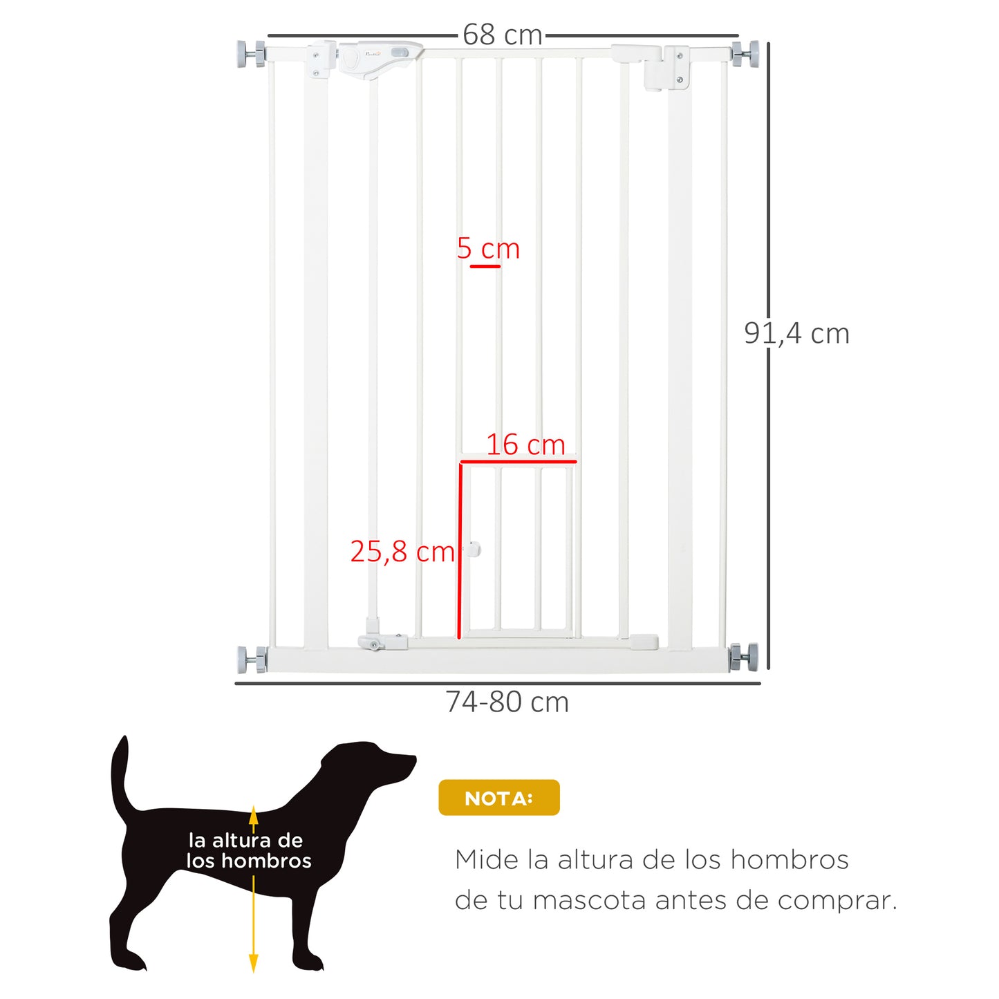 PawHut Barrera de Seguridad para Perros Barrera para Mascotas Extensible con Puerta Pequeño Cierre Automático y Sistema de Doble Bloqueo para Puerta Pasillo Escalera 74-80x91,4 cm Blanco