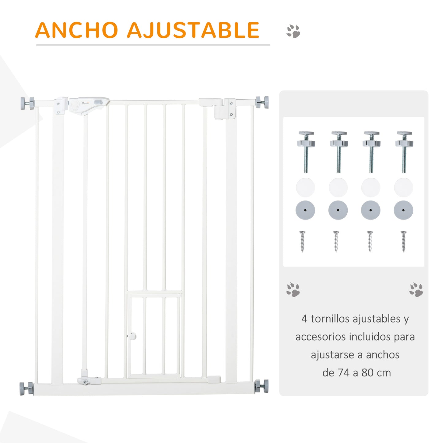 PawHut Barrera de Seguridad para Perros Barrera para Mascotas Extensible con Puerta Pequeño Cierre Automático y Sistema de Doble Bloqueo para Puerta Pasillo Escalera 74-80x91,4 cm Blanco