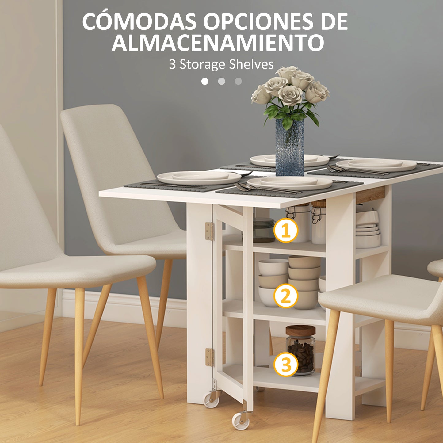 HOMCOM Mesa Plegable con Alas Abatibles Mesa de Comedor Plegable Mesa de Cocina con 2 Ruedas y Estantes Estilo Moderno 120x60x75 cm Blanco