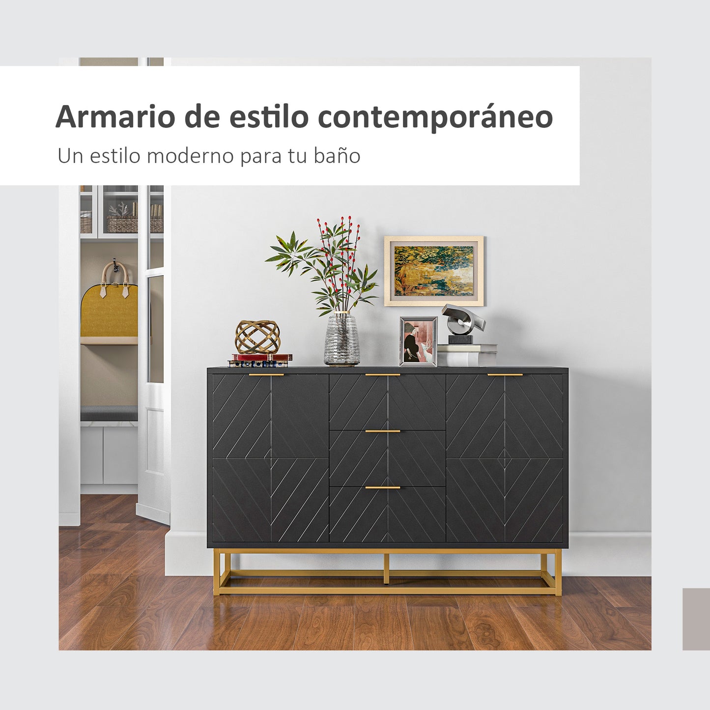 HOMCOM Aparador Moderno Aparador para Salón con 3 Cajones 2 Puertas y Estante Ajustable Mueble Auxiliar para Salón Antivuelco 120x40x76 cm Negro