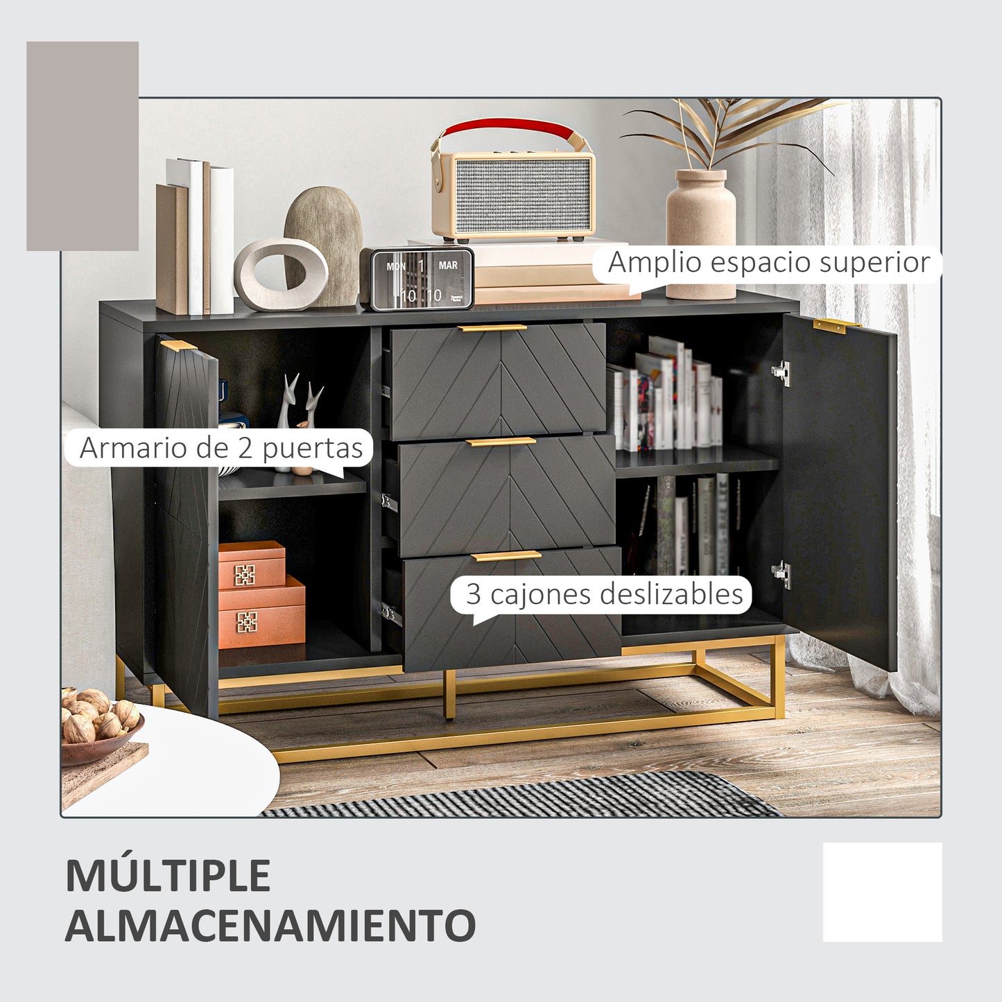 HOMCOM Aparador Moderno Aparador para Salón con 3 Cajones 2 Puertas y Estante Ajustable Mueble Auxiliar para Salón Antivuelco 120x40x76 cm Negro