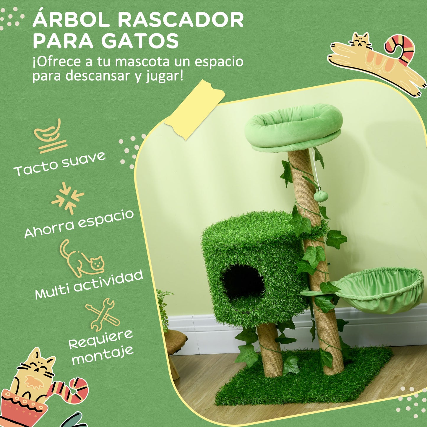 PawHut Árbol Rascador para Gatos 91 cm Torre para 1-2 Gatos con Caseta Cama Hamaca Poste de Yute y Bola Colgante 50x40x91 cm Verde