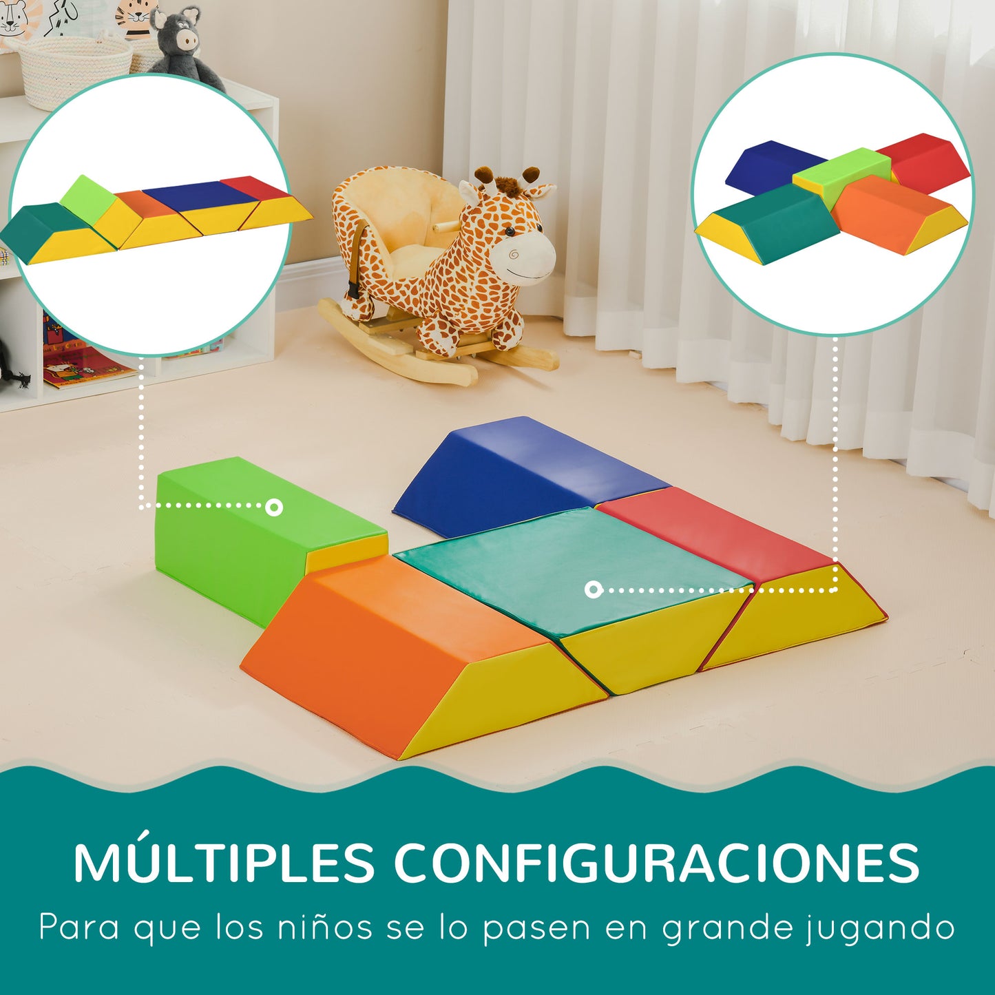 HOMCOM Juego de 5 Bloques de Espuma para Niños de 12-36 Meses Juguetes de Construcción Juguete para Aprendizaje Infantil para Escalar y Gatear 48x19x48 cm Multicolor