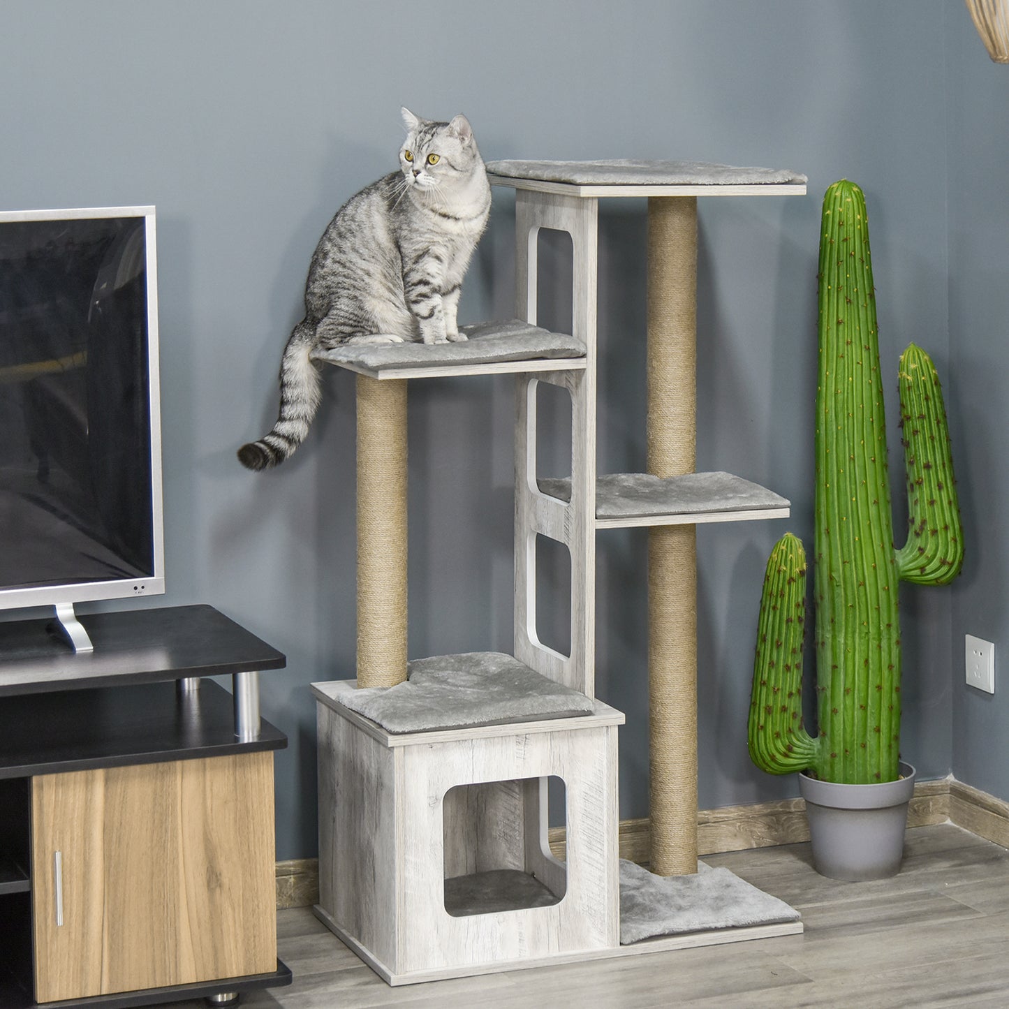 PawHut Árbol Rascador para Gatos 67x38,5x114 cm Torre de Escalada de Gatos con Cueva de Madera Múltiples Plataformas y Postes de Rascar de Yute Juego y Descanso Gris