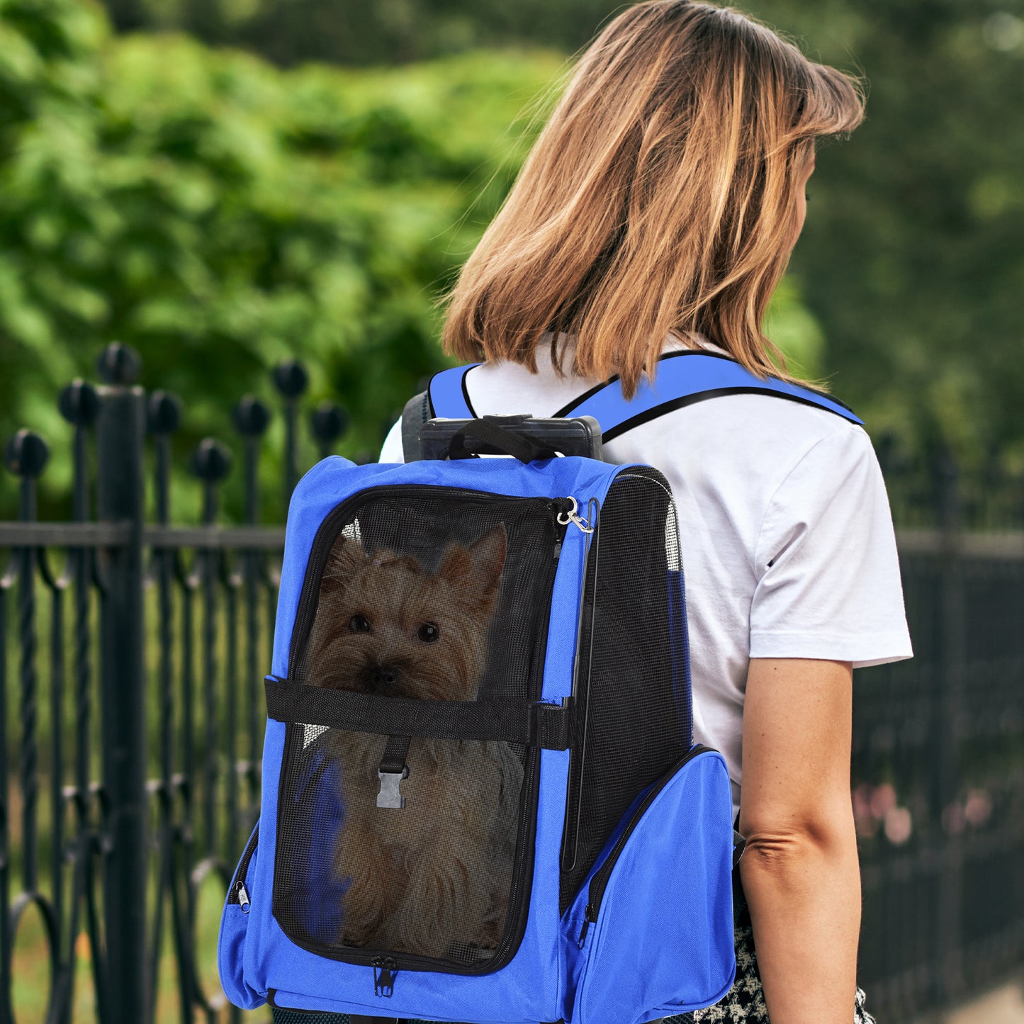 PawHut Transportín 2 en 1 para Mascotas Mochila o Carrito de Viaje para Perro y Gato con 2 Ruedas con Asa retráctil de Aluminio y Bolsillos 42x25x55 cm Azul