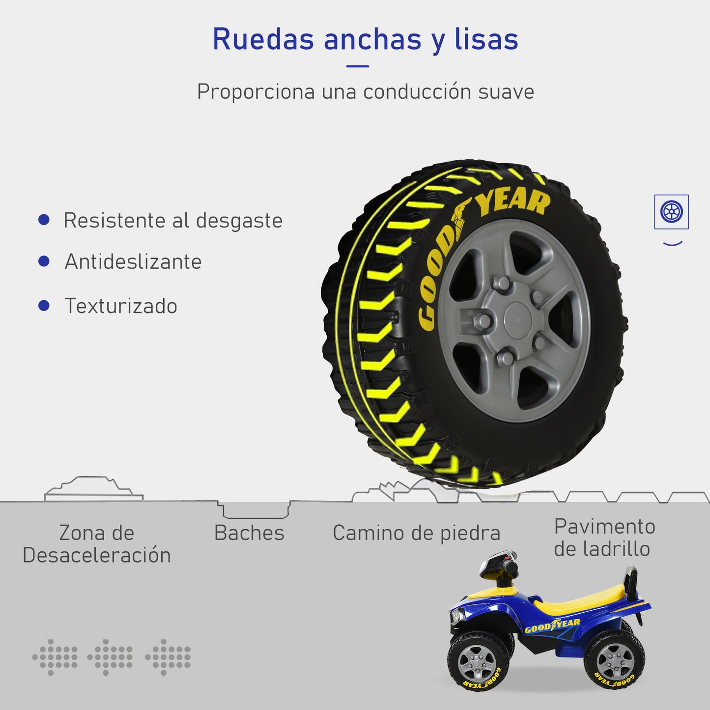 HOMCOM Quad Correpasillos para Niños 18-36 Meses Coche Cuatrimoto con Funciones de Luces Bocina y Espacio Secreto de Almacenaje 60x31x42 cm Azul