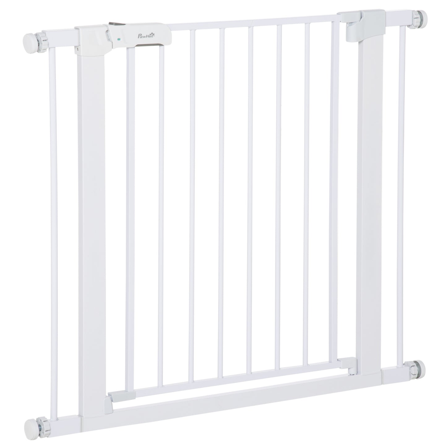 PawHut Barrera de Seguridad de Perros Extensible para Escaleras y Puertas 75-96 cm con 2 Extensiones de 7 cm Cierre Automático y Marco de Acero Altura 76 cm Blanco