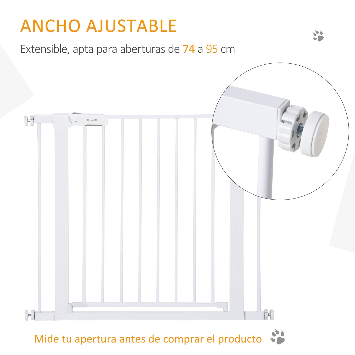 PawHut Barrera de Seguridad de Perros Extensible para Escaleras y Puertas 75-96 cm con 2 Extensiones de 7 cm Cierre Automático y Marco de Acero Altura 76 cm Blanco