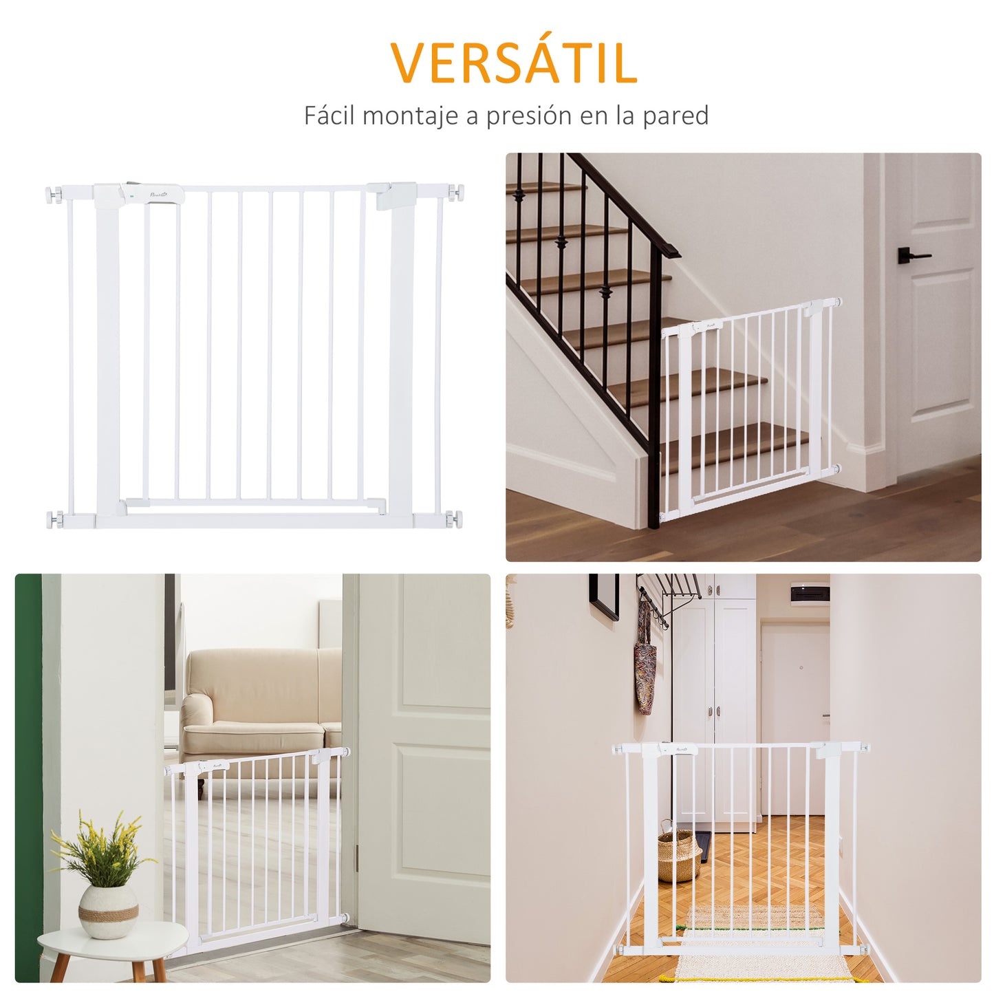 PawHut Barrera de Seguridad de Perros Extensible para Escaleras y Puertas 75-96 cm con 2 Extensiones de 7 cm Cierre Automático y Marco de Acero Altura 76 cm Blanco