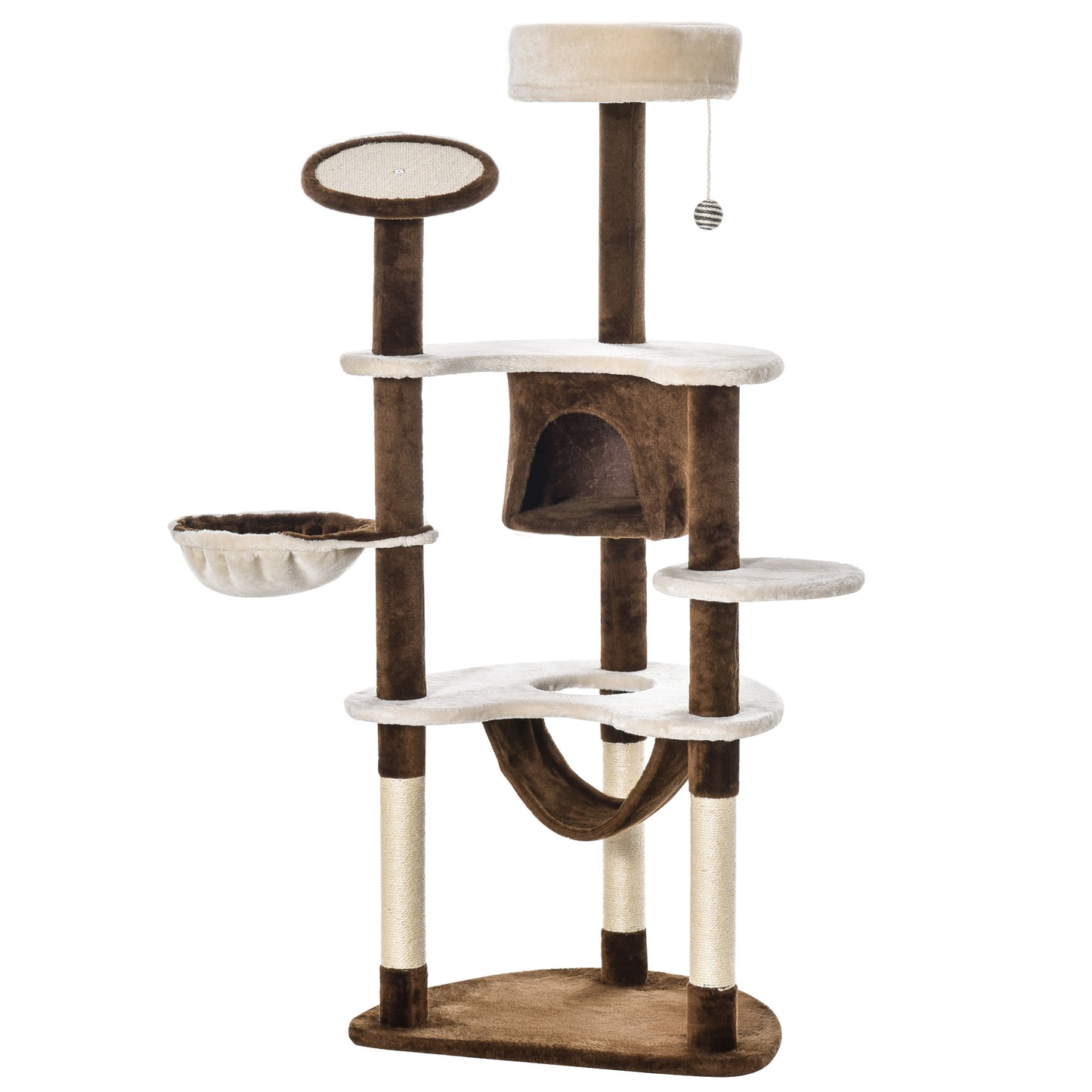 PawHut Árbol Rascador para Gatos Grande 65x50x153 cm Torre para Gatos Centro de Actividades con Múltiples Plataforma Poste Hamaca Bolas de Juguete y Cueva Marrón