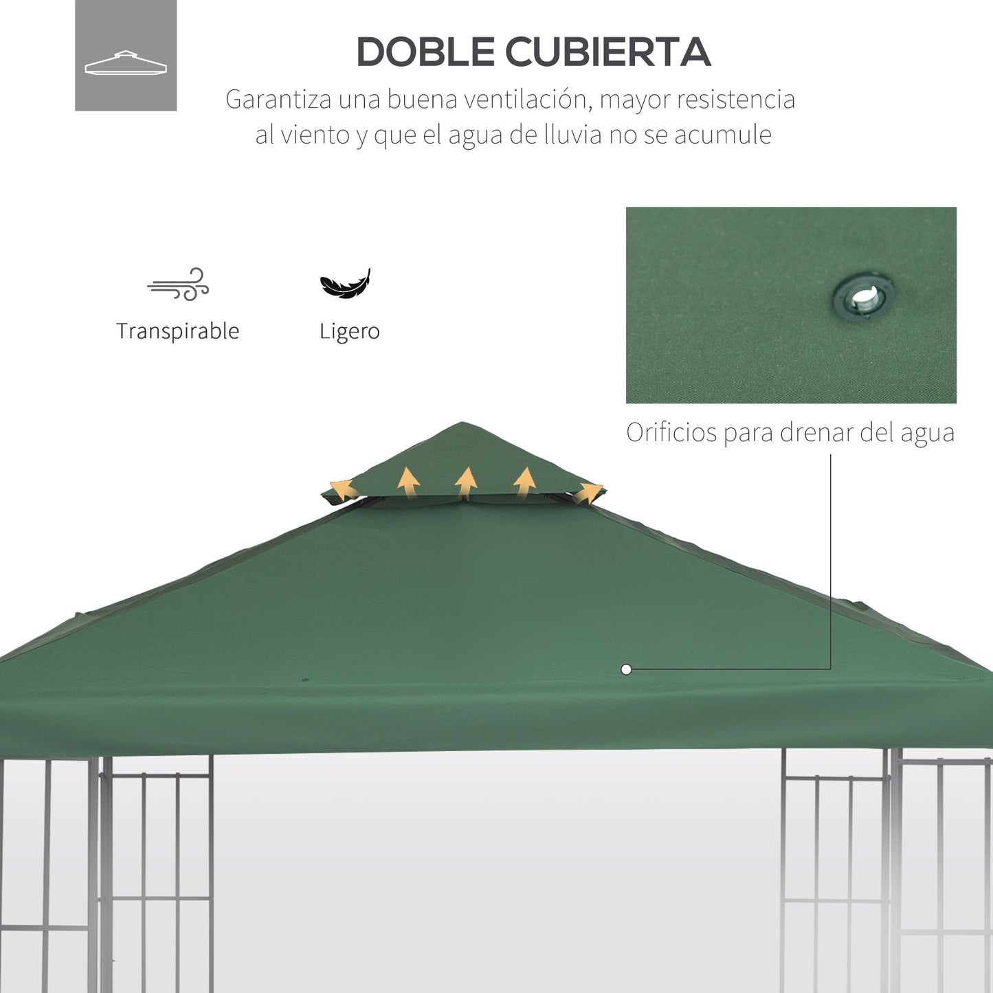 Outsunny Techo de Reemplazo 3x3 m para Carpa Pabellón Cubierta de Repuesto de Gazebo Pabellón con Techo Transpirable 8 Orificios de Drenaje Verde