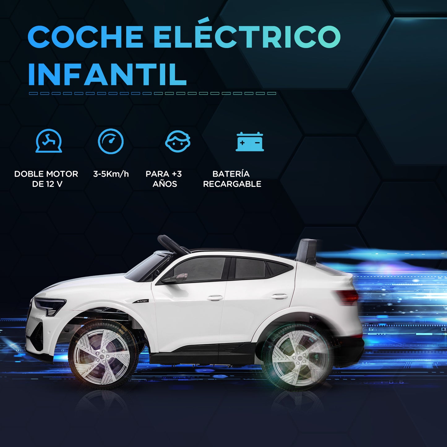 HOMCOM Coche Eléctrico para Niños Audi E-tron Coche de Batería para Niños 12V con Mando a Distancia Faros Bocina Música Velocidad 3-5 km/h Cinturón de Seguridad Blanco