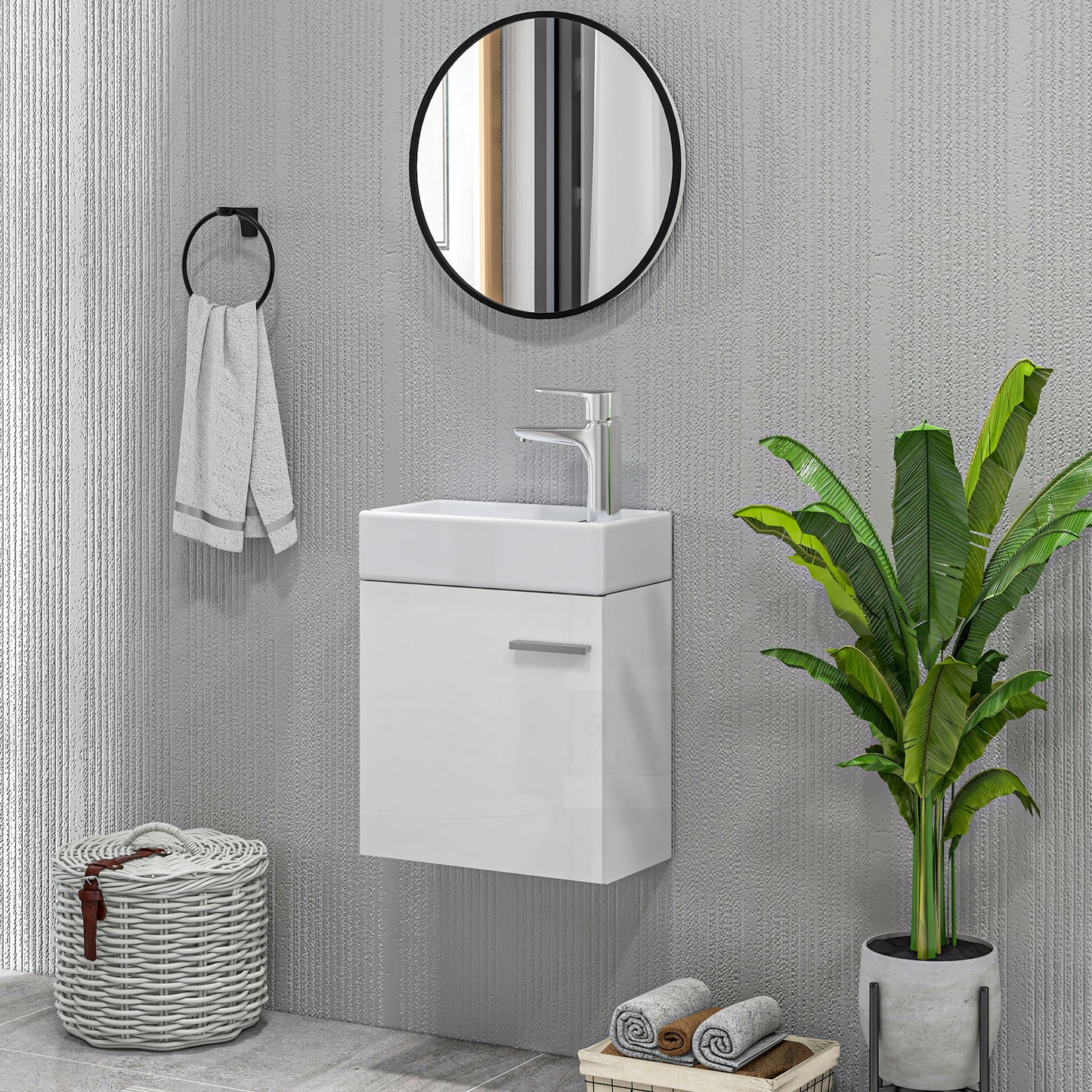 HOMCOM Mueble de Baño con Lavabo de Pared Lavabo con Mueble Puerta con Cierre Suave y Armario Mueble para Lavabo Moderno 40x23x50 cm Blanco Brillante