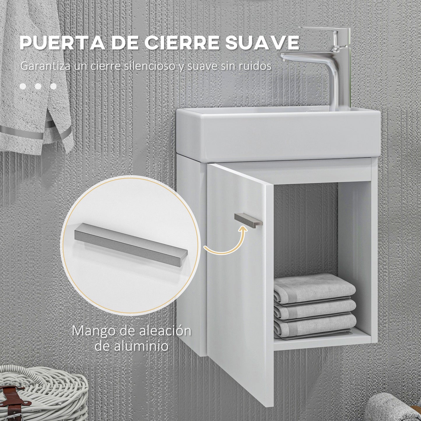 HOMCOM Mueble de Baño con Lavabo de Pared Lavabo con Mueble Puerta con Cierre Suave y Armario Mueble para Lavabo Moderno 40x23x50 cm Blanco Brillante