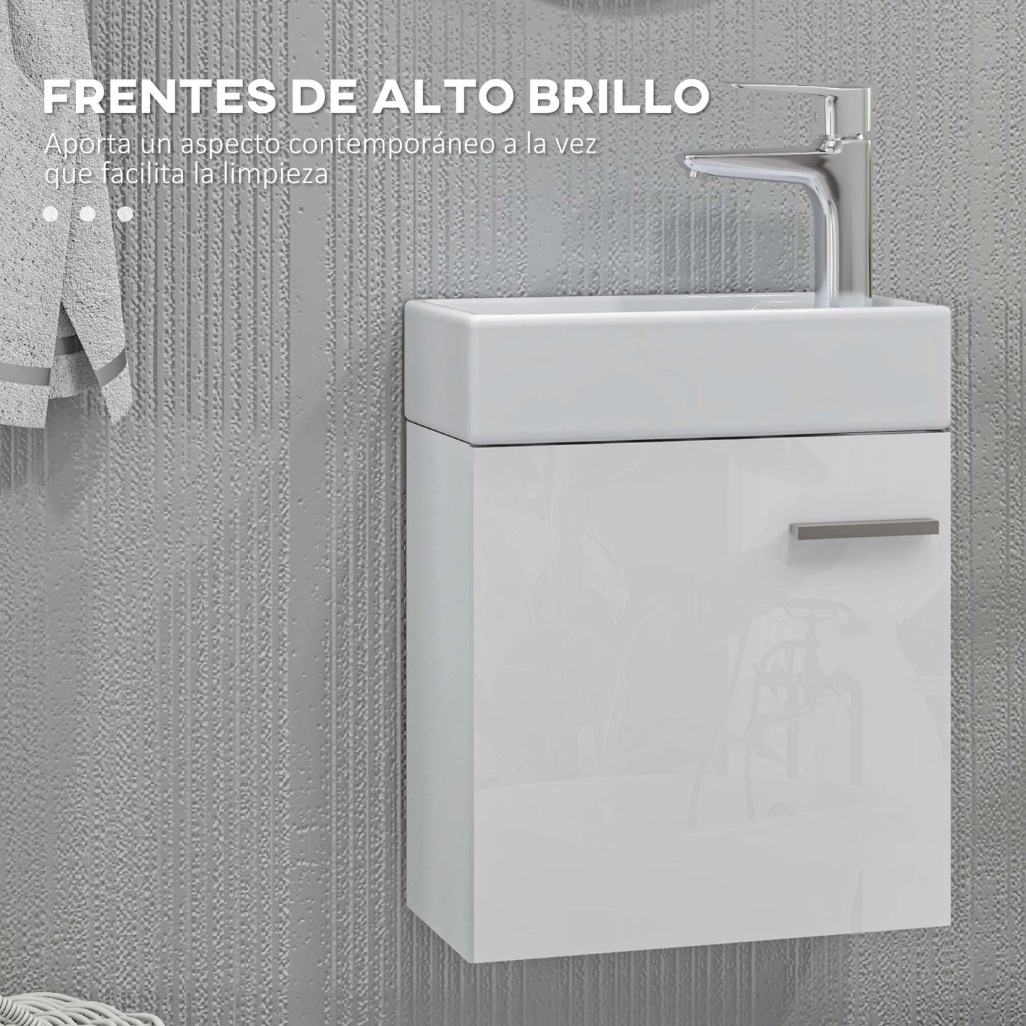 HOMCOM Mueble de Baño con Lavabo de Pared Lavabo con Mueble Puerta con Cierre Suave y Armario Mueble para Lavabo Moderno 40x23x50 cm Blanco Brillante