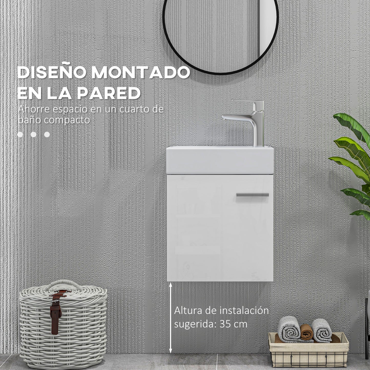 HOMCOM Mueble de Baño con Lavabo de Pared Lavabo con Mueble Puerta con Cierre Suave y Armario Mueble para Lavabo Moderno 40x23x50 cm Blanco Brillante