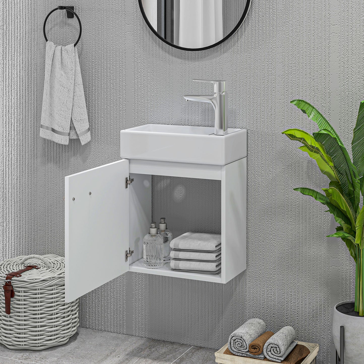 HOMCOM Mueble de Baño con Lavabo de Pared Lavabo con Mueble Puerta con Cierre Suave y Armario Mueble para Lavabo Moderno 40x23x50 cm Blanco Brillante