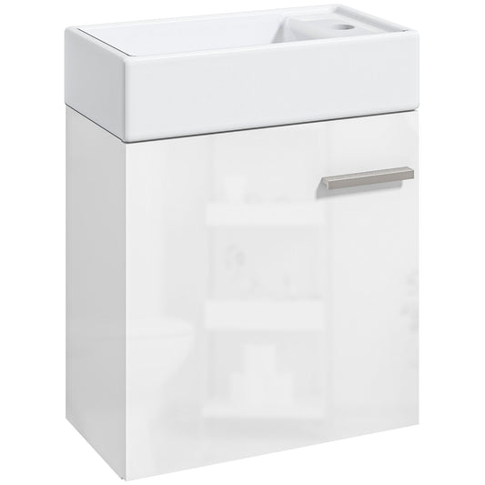 HOMCOM Mueble de Baño con Lavabo de Pared Lavabo con Mueble Puerta con Cierre Suave y Armario Mueble para Lavabo Moderno 40x23x50 cm Blanco Brillante