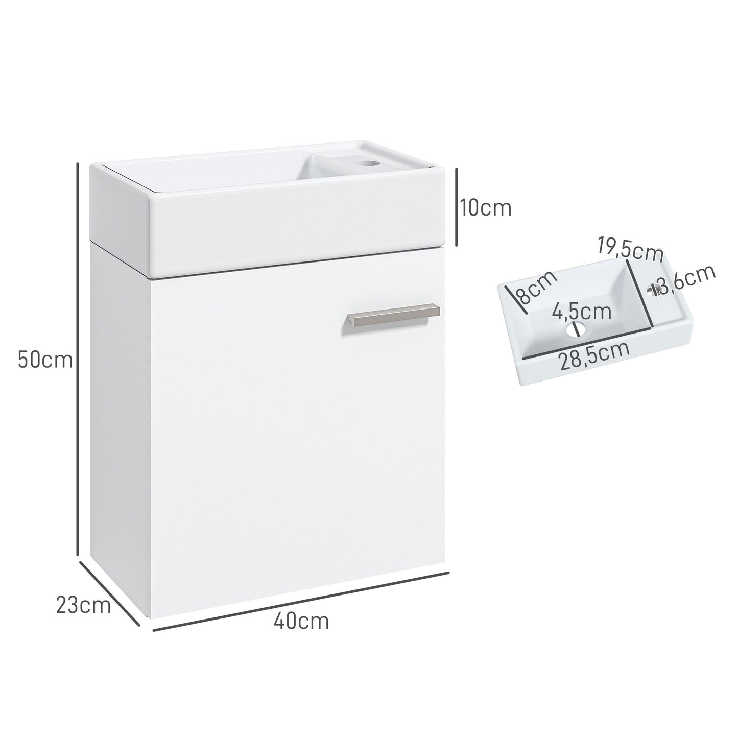 HOMCOM Mueble de Baño con Lavabo de Pared Lavabo con Mueble Puerta con Cierre Suave y Armario Mueble para Lavabo Moderno 40x23x50 cm Blanco Brillante