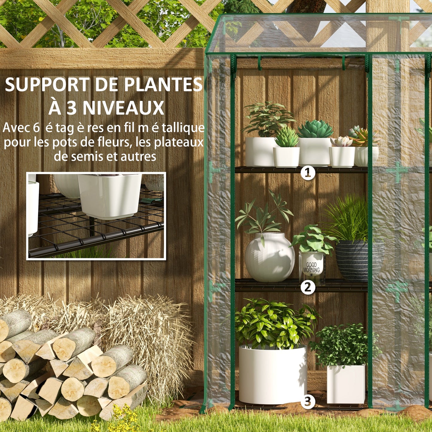 Outsunny Invernadero de Jardín de 3 Niveles Invernadero de Terraza con Estantes Techo Inclinado y 2 Puertas con Cremallera para Cultivo de Plantas en Patio 143x46x141/151 cm Transparente