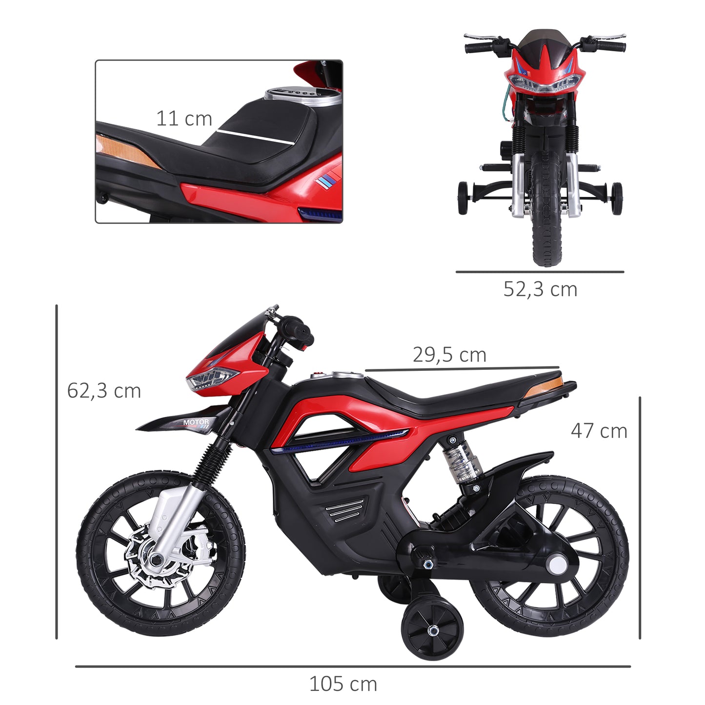 HOMCOM Moto Eléctrica Infantil Moto de Juguete Niños +3 Años Batería 6V con Luces y Música 105x52.3x62.3cm