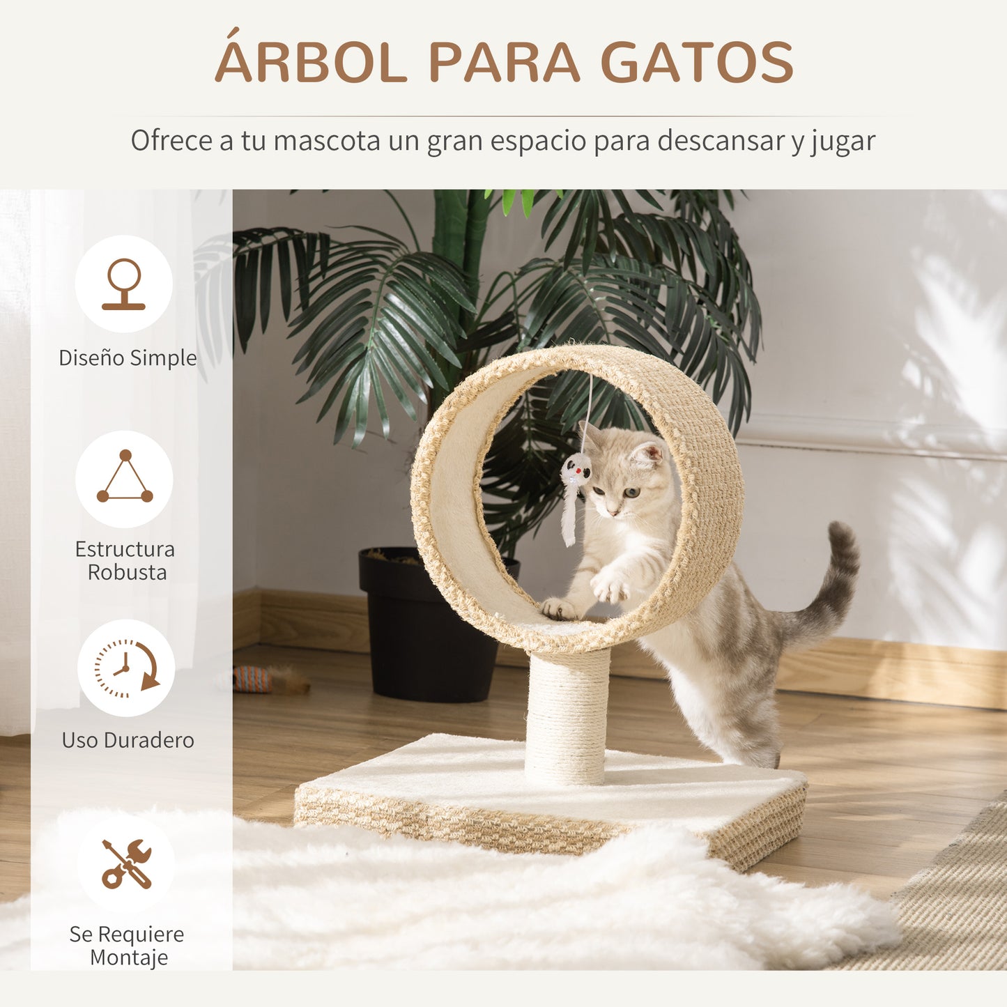 PawHut Árbol para Gatos Pequeño 61x41x50 cm Torre de Rascado de Gato con Túnel Superior Poste Rascador de Yute Natural y Juguete de Rata Colgante Beige