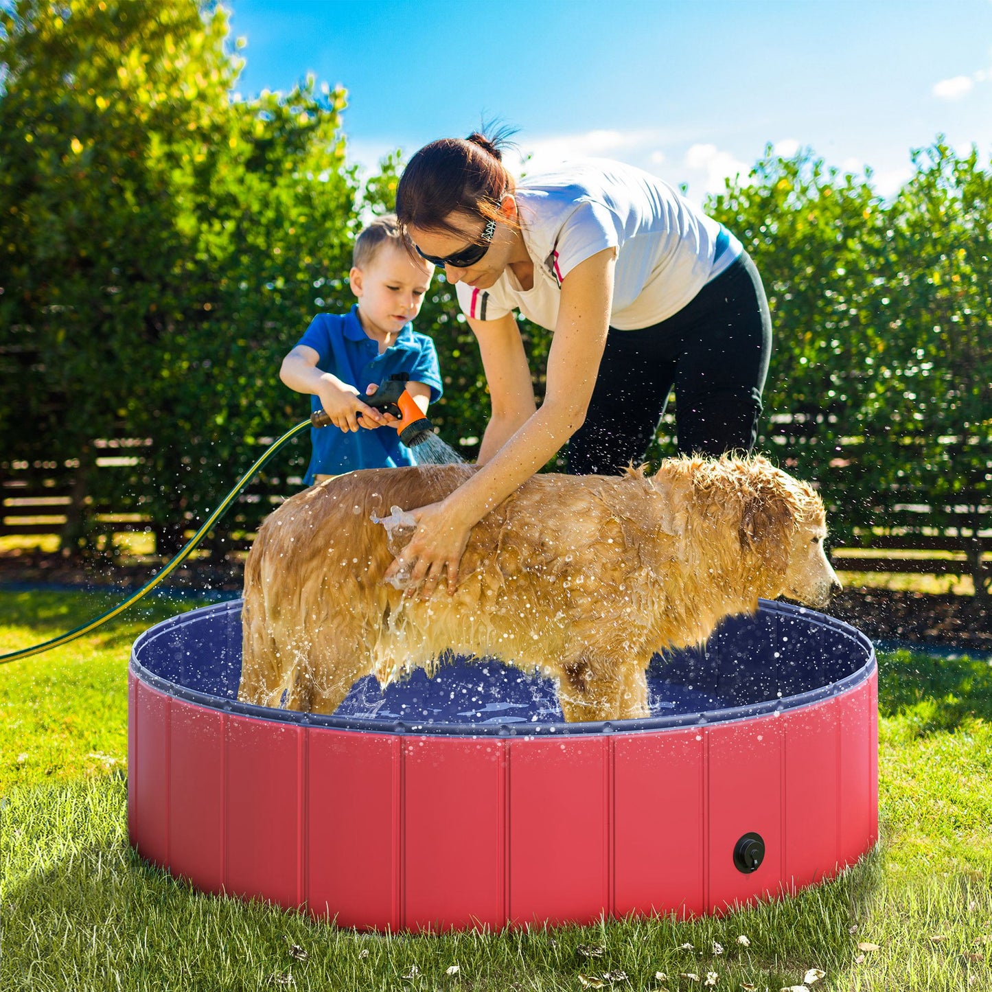 PawHut Piscina Plegable para Perros Gatos Ø120x30 cm Bañera Portátil para Mascotas PVC Antideslizante Múltiples Usos para Interiores y Exteriores Rojo