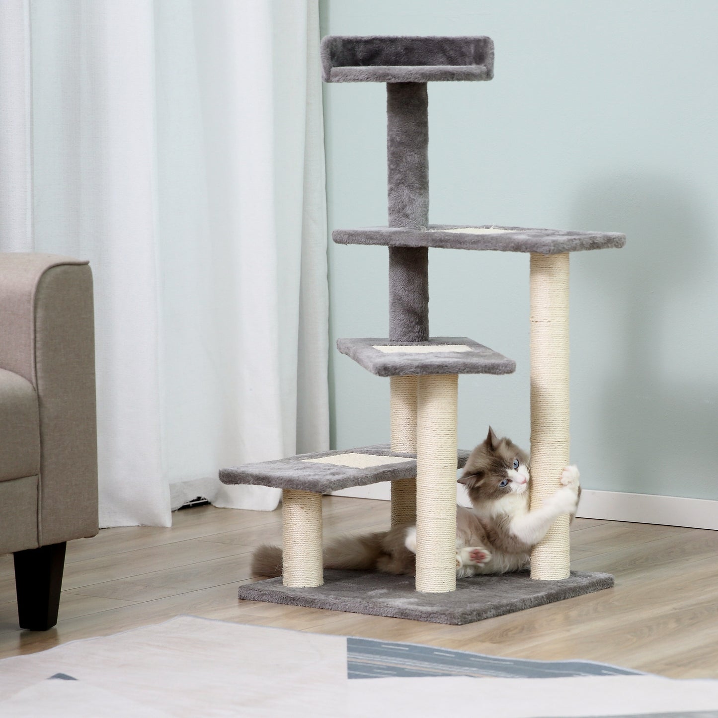 PawHut Árbol Rascador para Gatos 48,5x48,5x100 cm Centro de Actividad 3 Plataformas para Arañar Tablero Aglomerado Cubierta de Felpa Sisal Gris y Beige