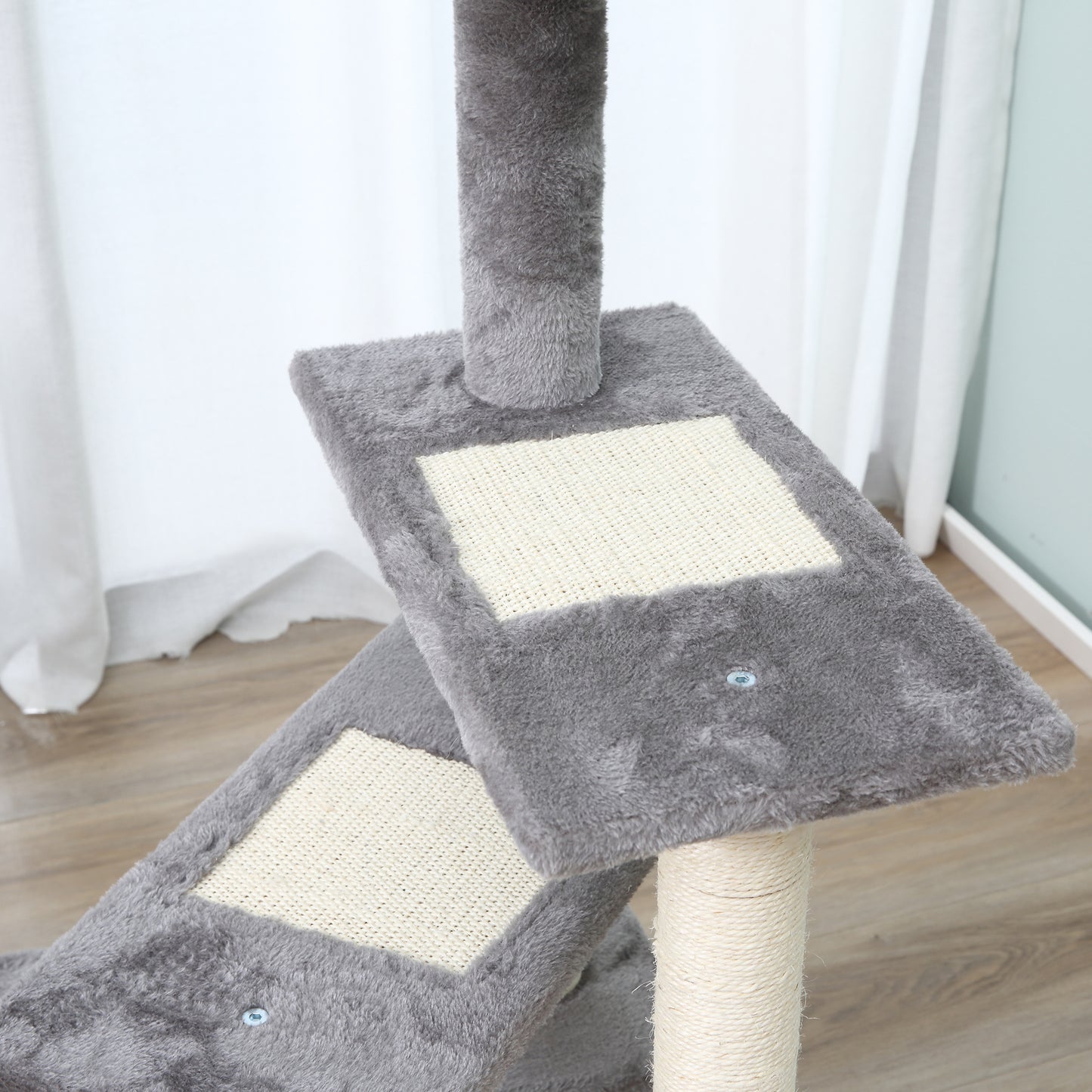 PawHut Árbol Rascador para Gatos 48,5x48,5x100 cm Centro de Actividad 3 Plataformas para Arañar Tablero Aglomerado Cubierta de Felpa Sisal Gris y Beige