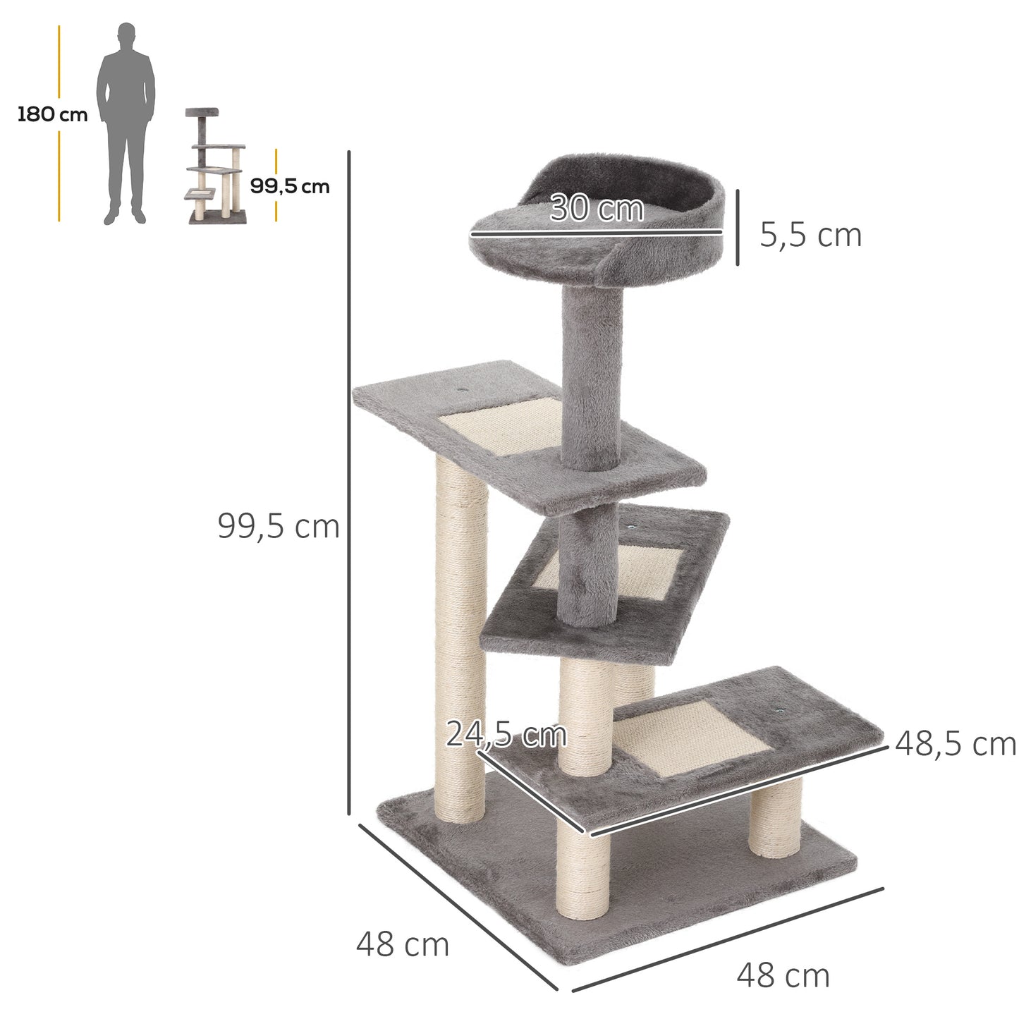 PawHut Árbol Rascador para Gatos 48,5x48,5x100 cm Centro de Actividad 3 Plataformas para Arañar Tablero Aglomerado Cubierta de Felpa Sisal Gris y Beige