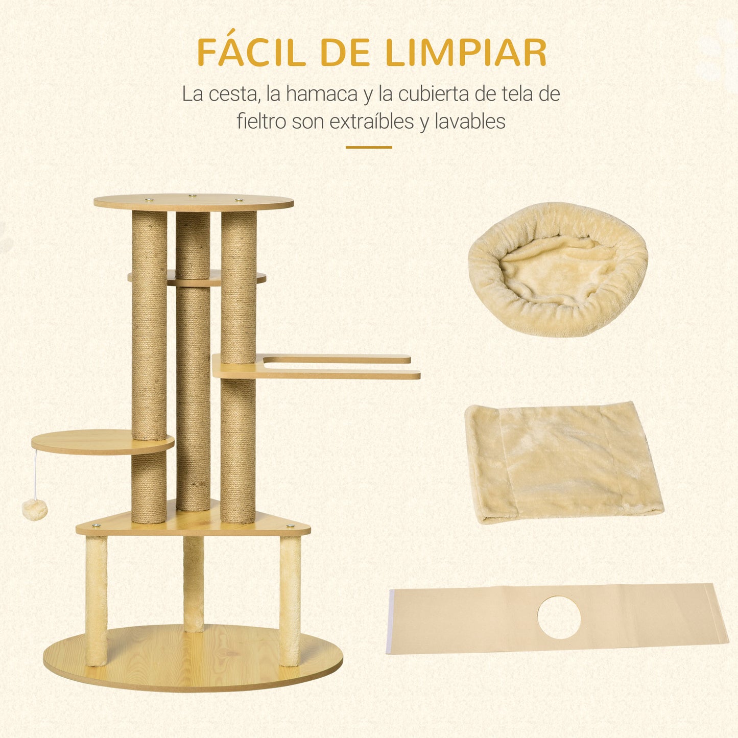 PawHut Árbol Rascador para Gatos Ø60x99 cm con Cueva Triangular de Fieltro Extraíble Hamaca Cama Lavable Postes Rascador de Yute Plataformas y Bola Colgante Beige y Natural