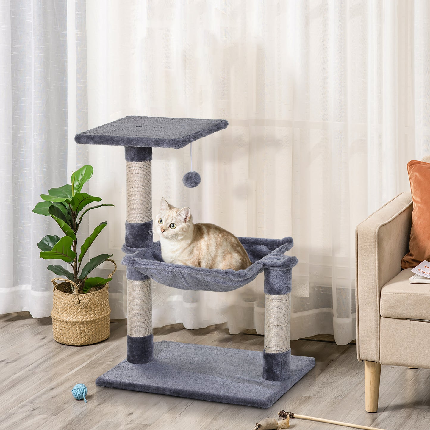 PawHut Árbol Rascador para Gatos Torre para Gatos 50x36x70 cm Centro de Actividad con Hamaca Plataforma Postes de Sisal y Bola Colgante Gris