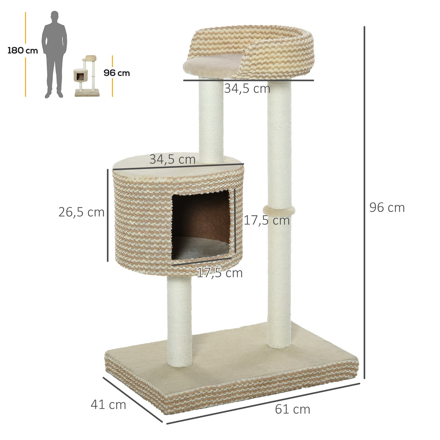 PawHut Árbol Rascador para Gatos Árbol de Actividades para Gatos con Cueva de Felpa Postes de Yute Plataforma Cómoda 61x41x96 cm Beige y Café