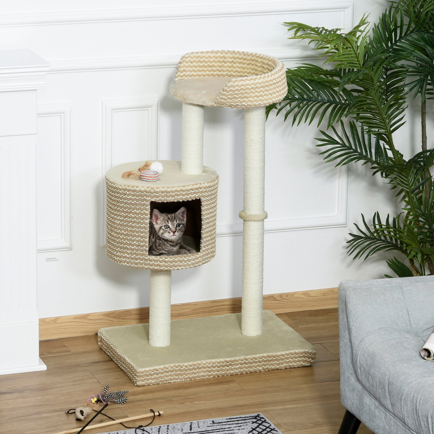 PawHut Árbol Rascador para Gatos Árbol de Actividades para Gatos con Cueva de Felpa Postes de Yute Plataforma Cómoda 61x41x96 cm Beige y Café