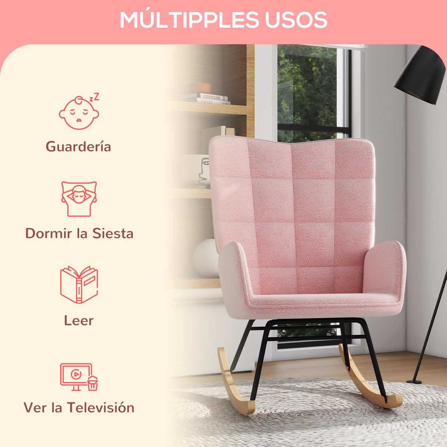 HOMCOM Mecedora de Borreguito Silla Mecedora con Patas de Madera de Haya y Marco de Acero Mecedora para Lactancia Carga 120 kg para Dormitorio Salón Rosa