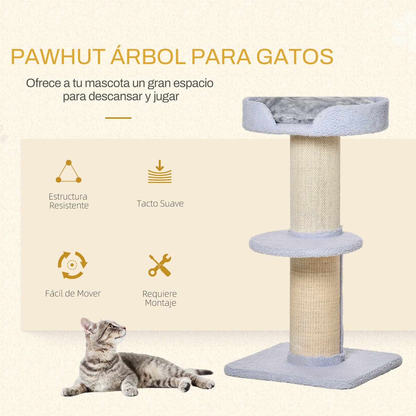 PawHut Árbol Rascador para Gatos Altura 91 cm Árbol para Gatos Torre para Gatos de 3 Niveles con Nido Plataforma y Poste de Sisal 45x45x91 cm Azul Claro